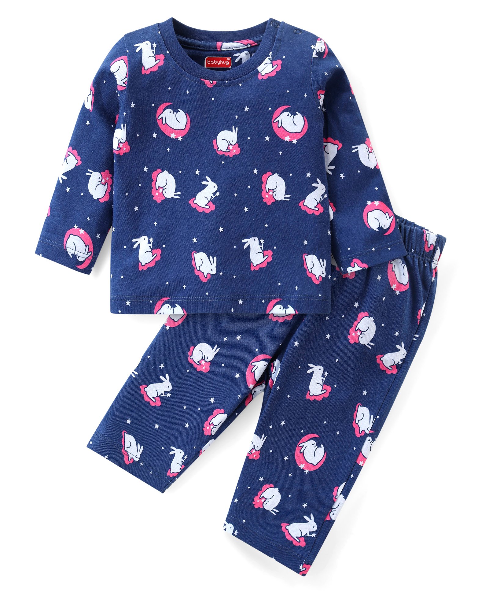 Babyhug Cotton Knit Full Sleeves Night Suit with Rabbit Print - Navy Blue-image-16