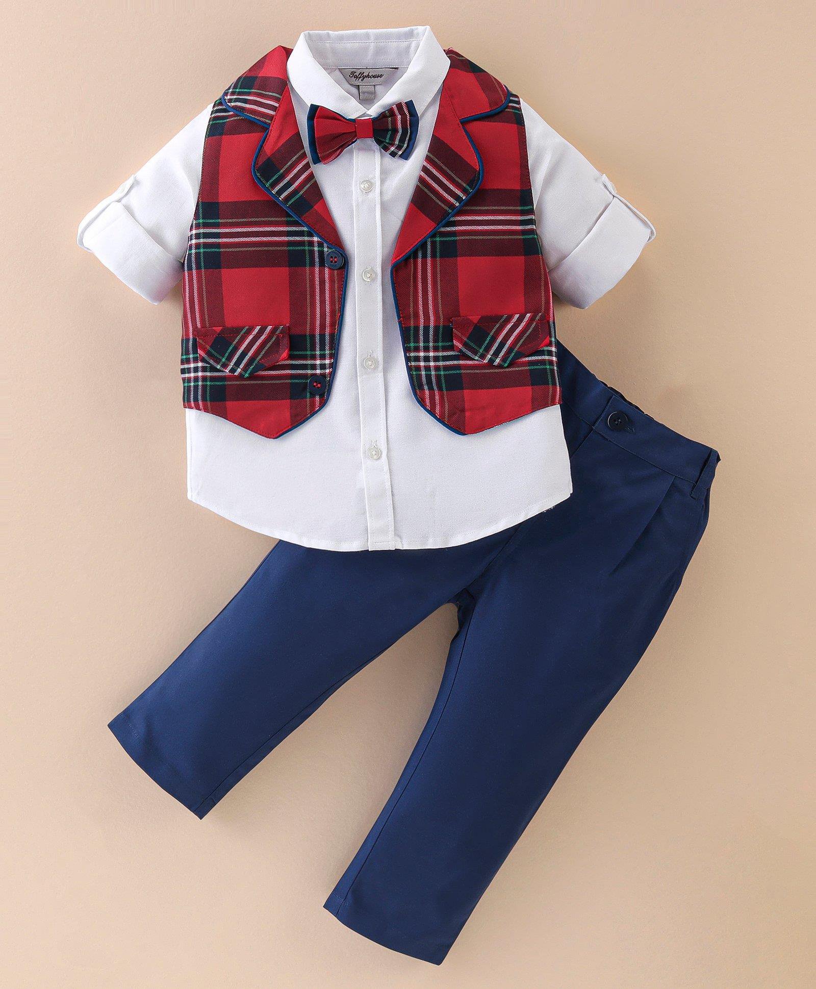 ToffyHouse 100% Cotton Woven Full Sleeves Solid Colour Shirt & Trouser Set with Checkered Waist Coat & Bow - Navy Blue-picture-20