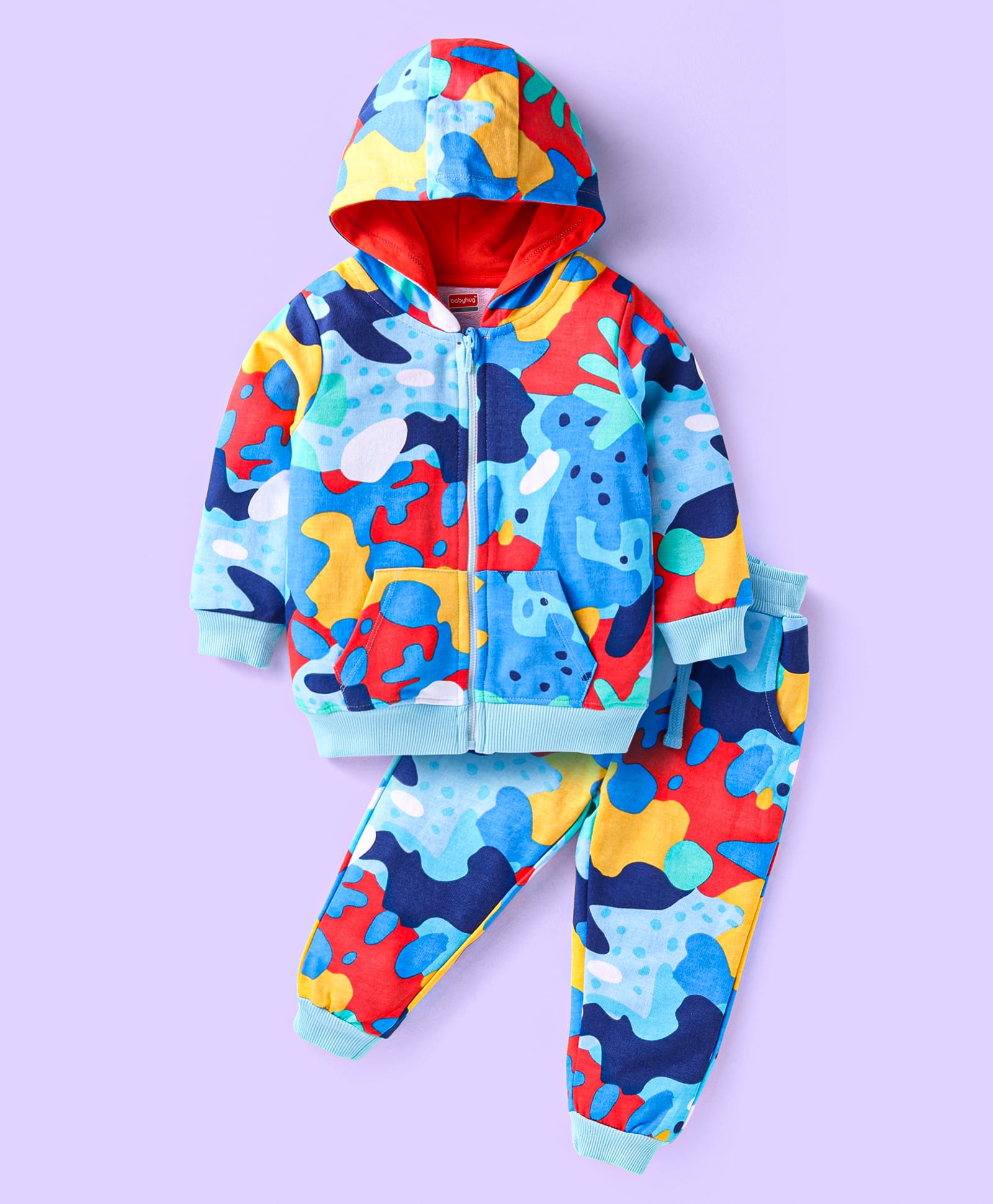 Babyhug Terry Knit Full Sleeves Abstract Printed Hooded Sweatjacket & Joggers Set with Kangaroo Pockets - Blue Yellow & Red-picture-24