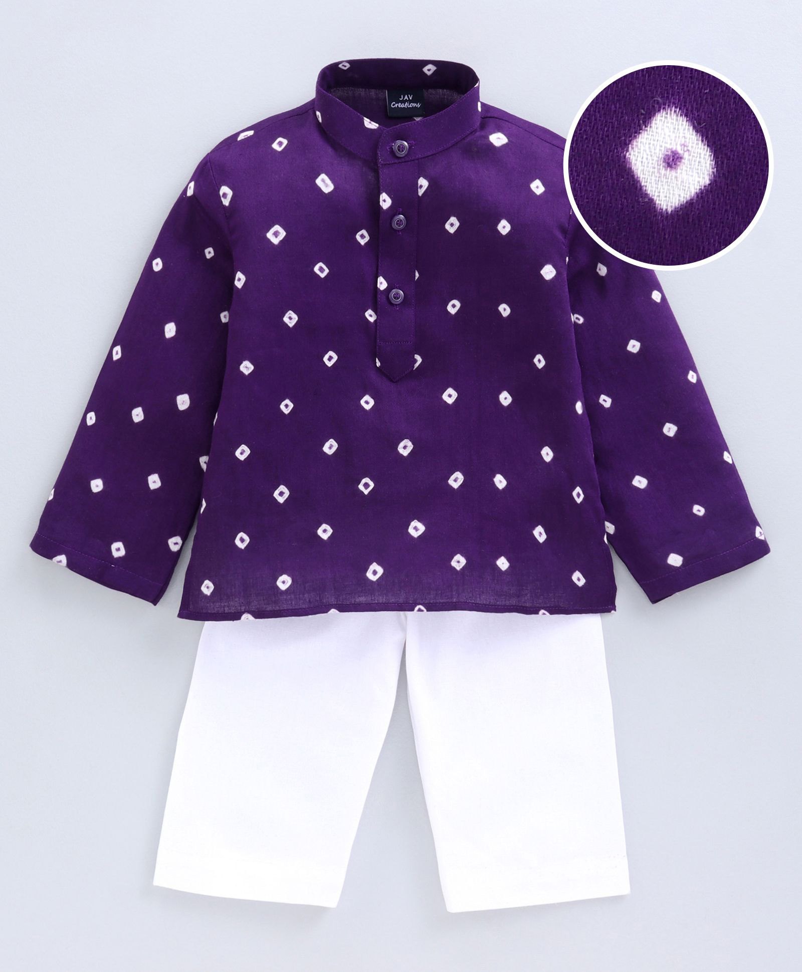 JAV Creations Cotton Full Sleeves Bandhani Printed Kurta Pyjama Set -Violet-picture-0