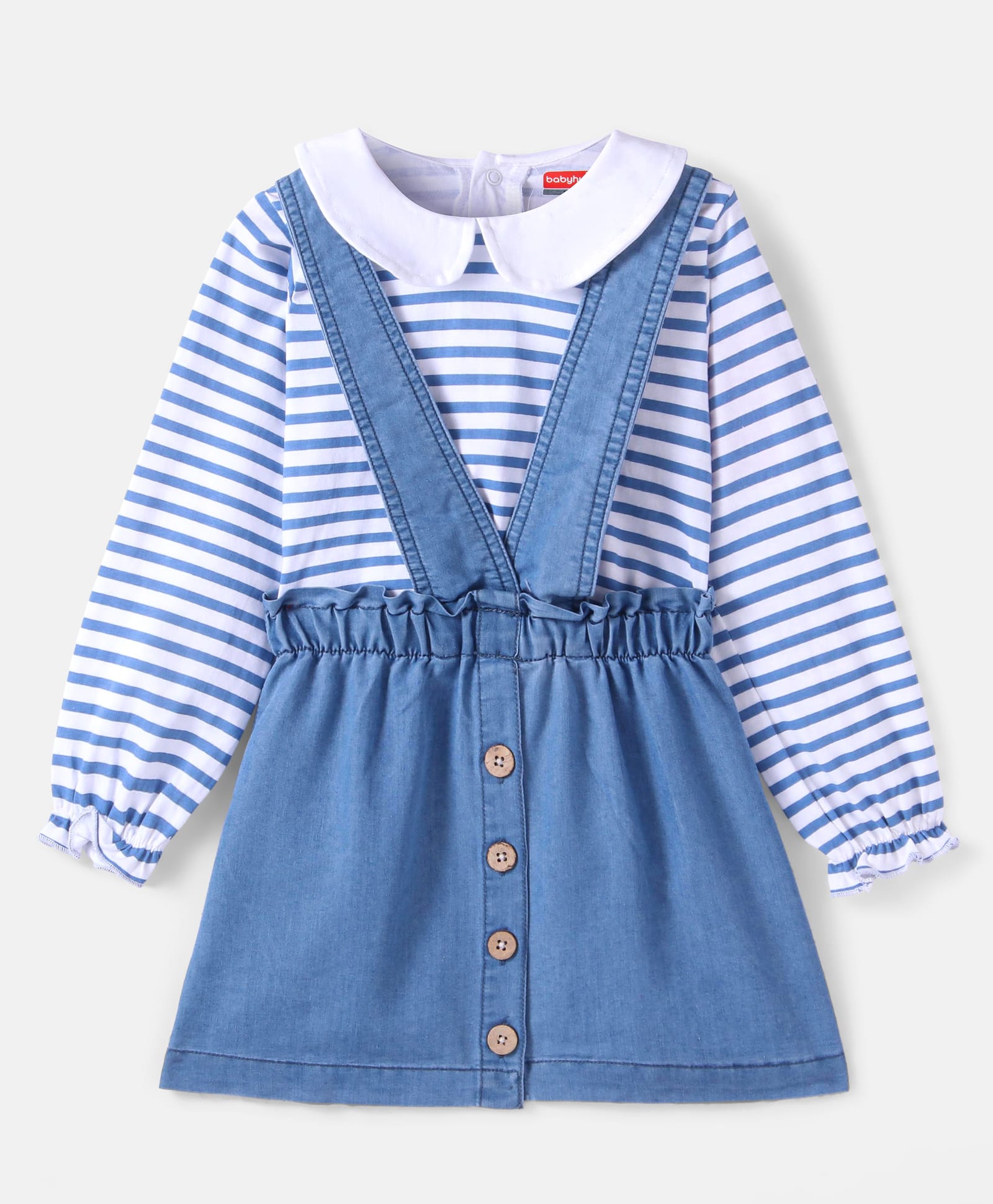 Babyhug Cotton Woven Full Peasant Sleeves Striped Top With Peter Pan Collar & Skirt - Blue-picture-20