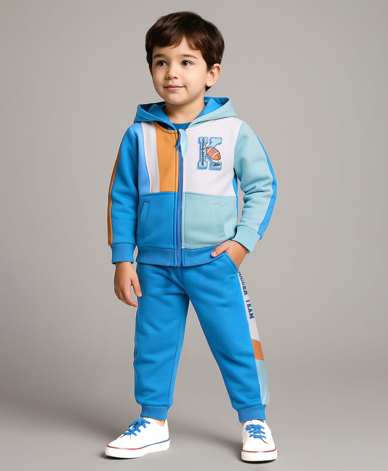 Babyhug Cotton Knit Full Sleeves Hooded Front Zipper Color Block T-Shirt & Lounge Pants Set - Blue-picture-10