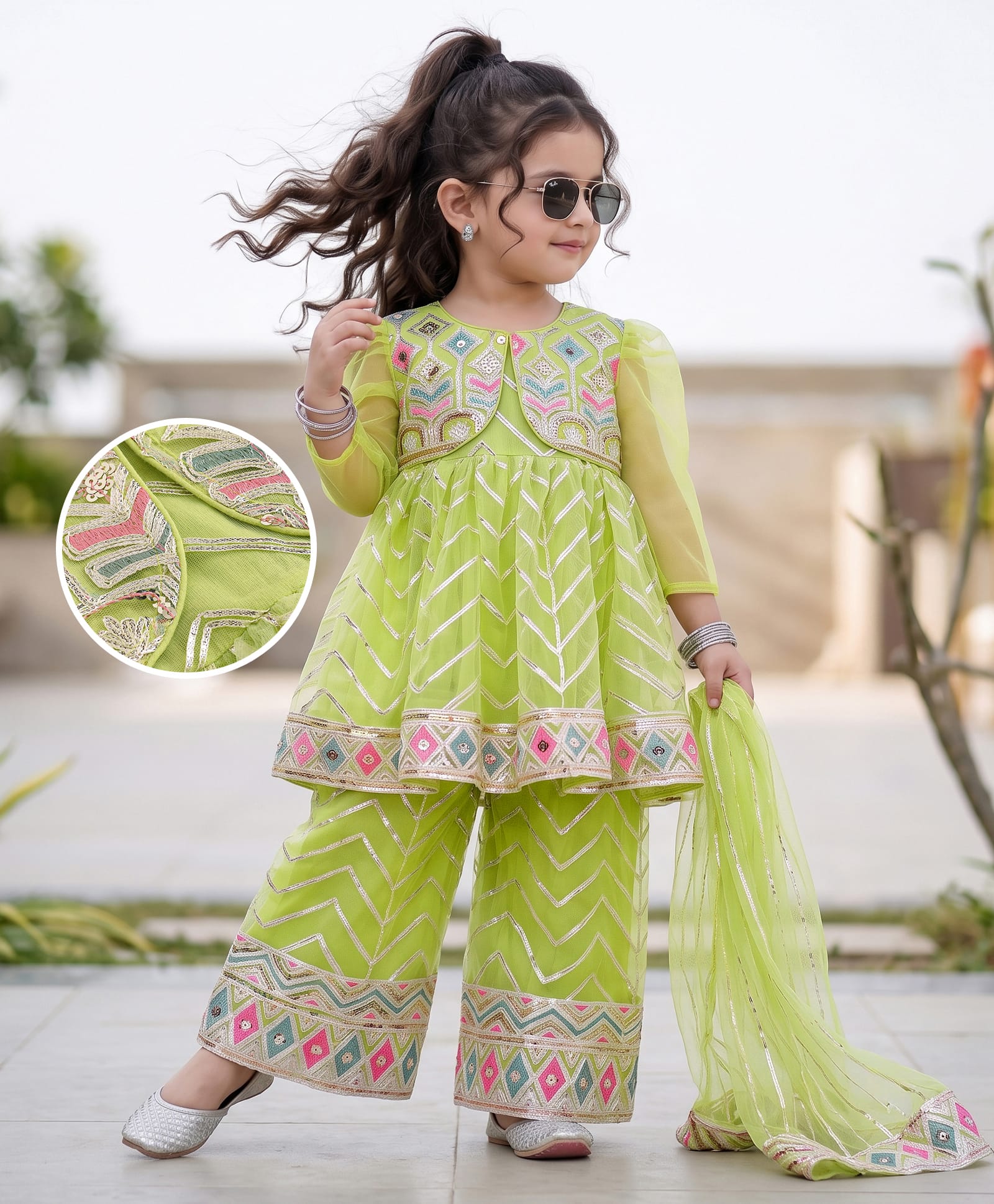 Babyhug Woven Three Fourth Sleeves Kurta Palazzo & Dupatta Set with Sequin Embroidery - Lime Yellow-image-15