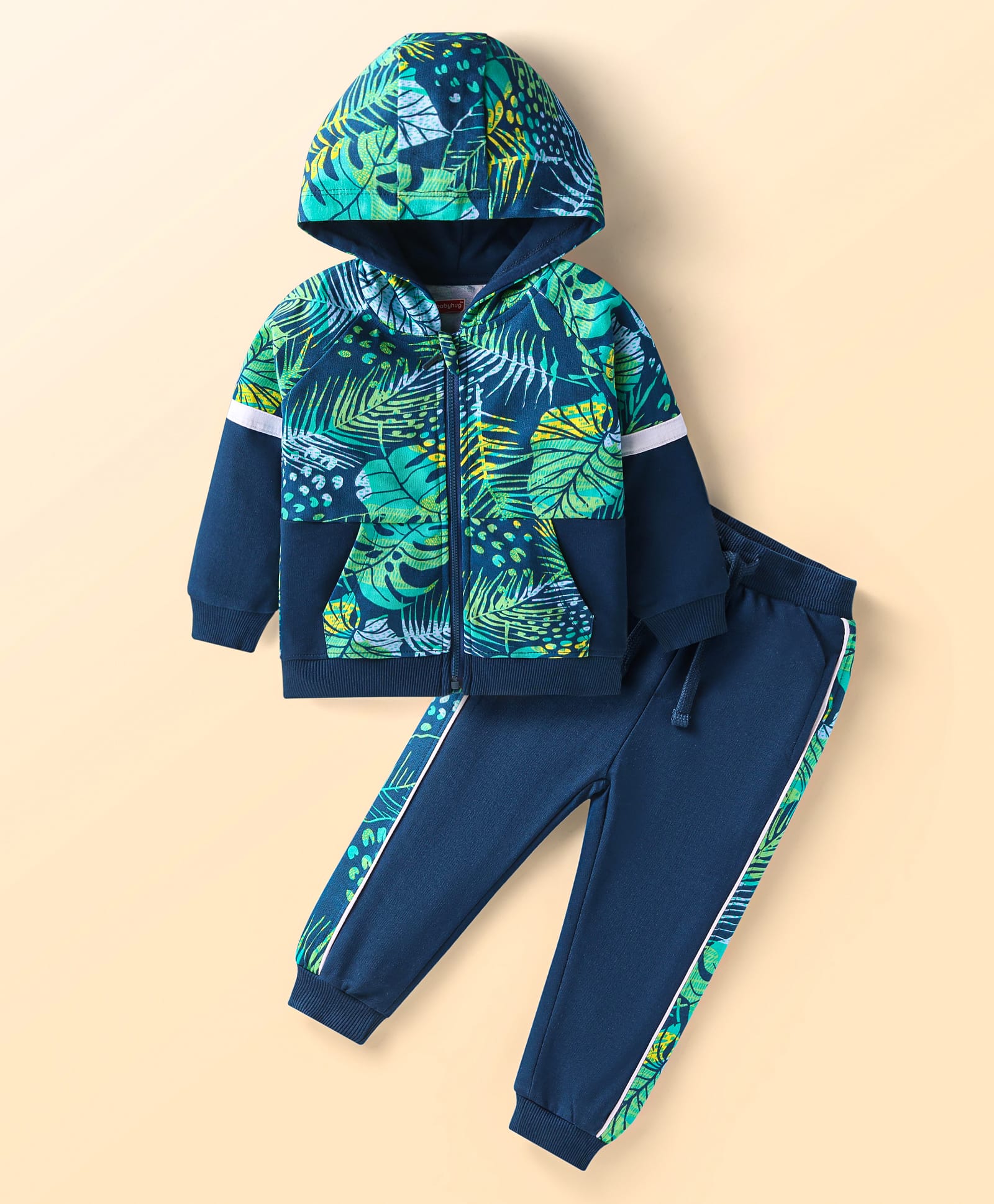 Babyhug Terry Knit Full Sleeves Tropical Theme Printed Hooded Sweat Jacket & Lounge Pant Set - Navy Blue-picture-17
