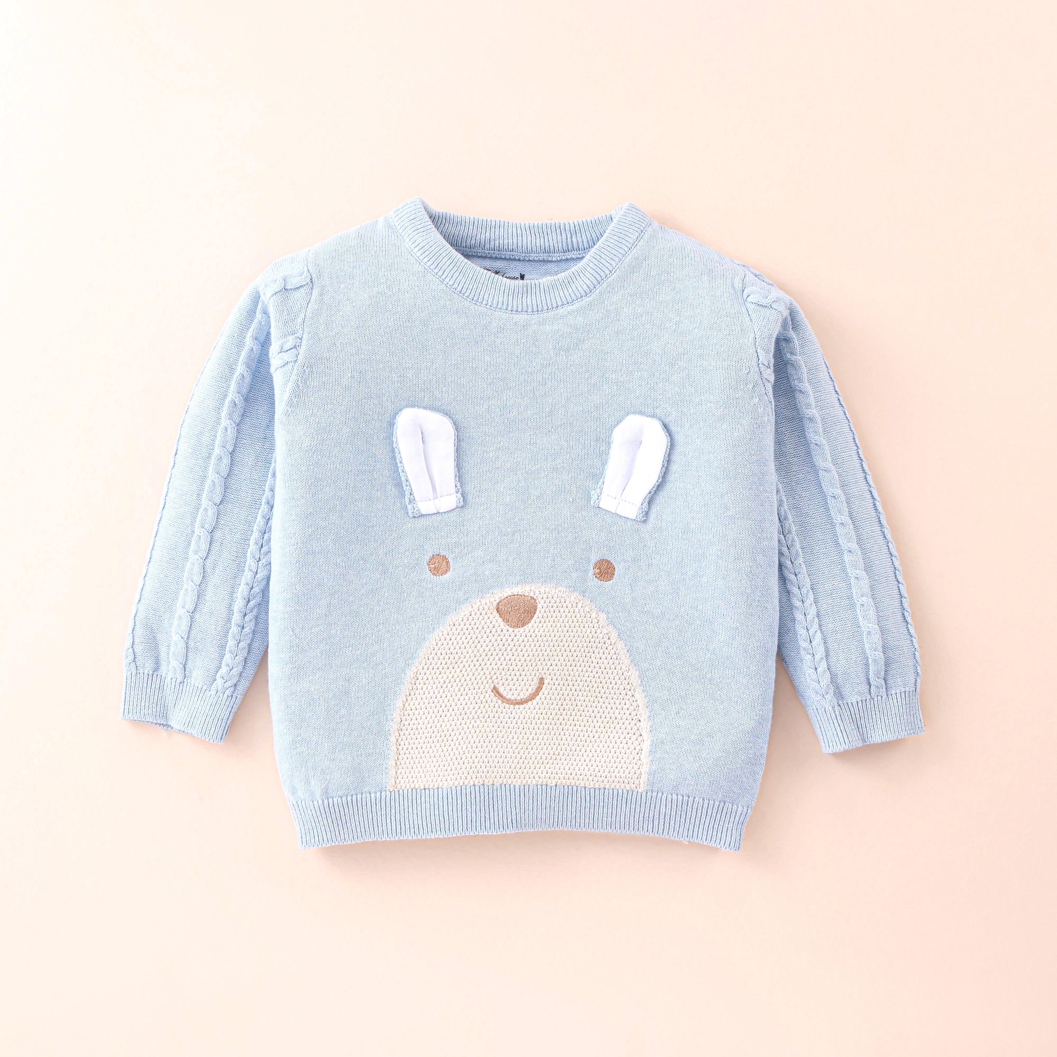 Toffy House Knitted Full Sleeves Pullover Sweater with Bear & Cable Knit Design - Sky Blue-image-12