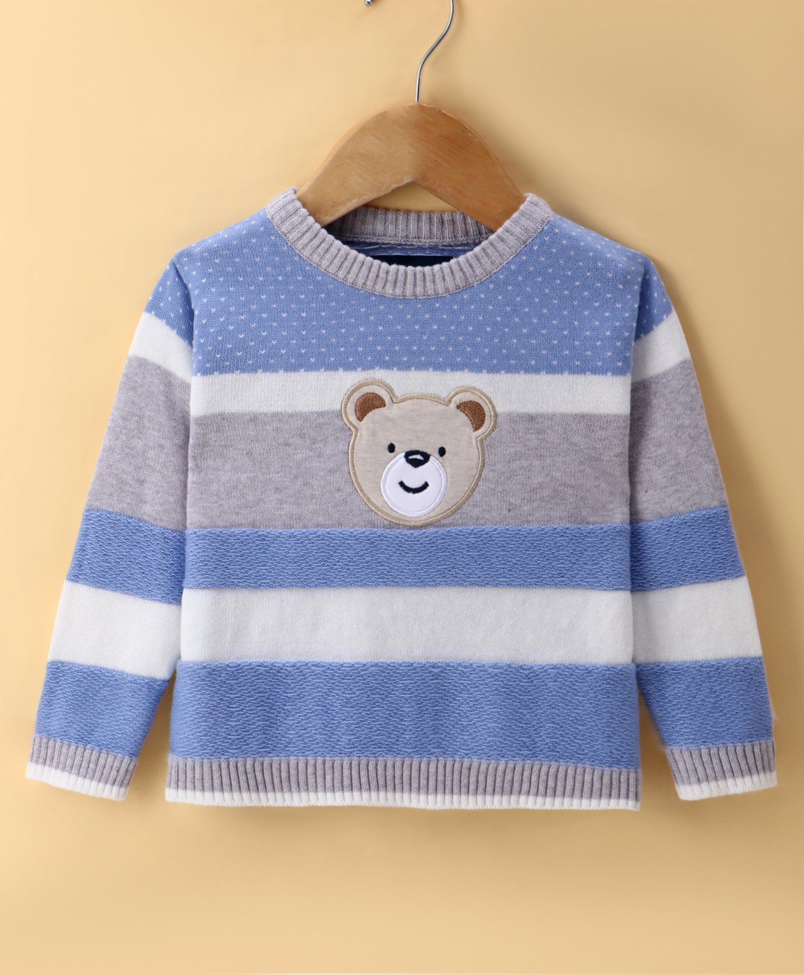 Toffy House Knitted Full Sleeves Pullover Sweater with Stripes Design & Animal Patch Detailing - Light Blue-image-28
