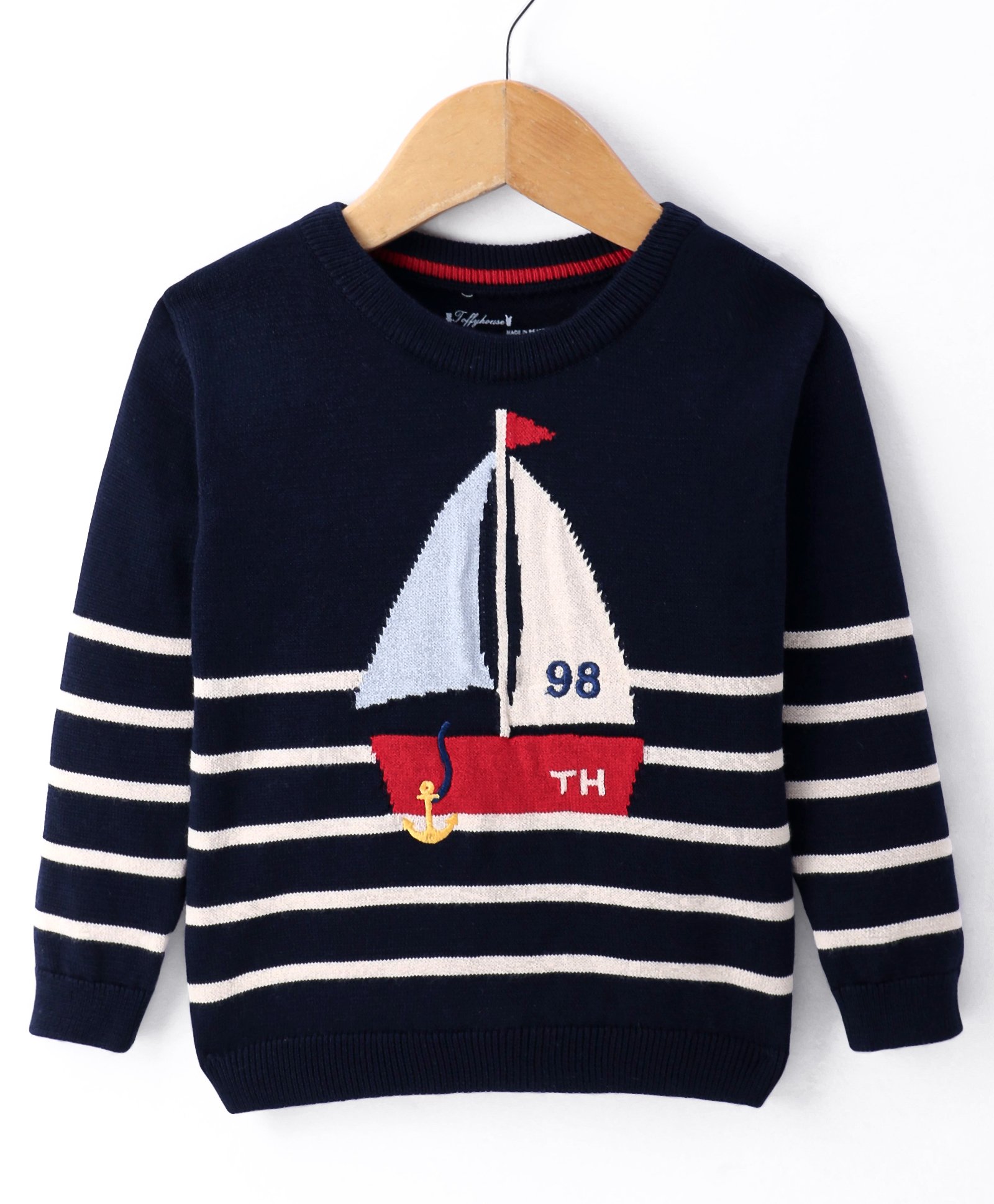 ToffyHouse Knitted Full Sleeves Striped & Boat Designed Pullover Sweater - Navy Blue-image-49
