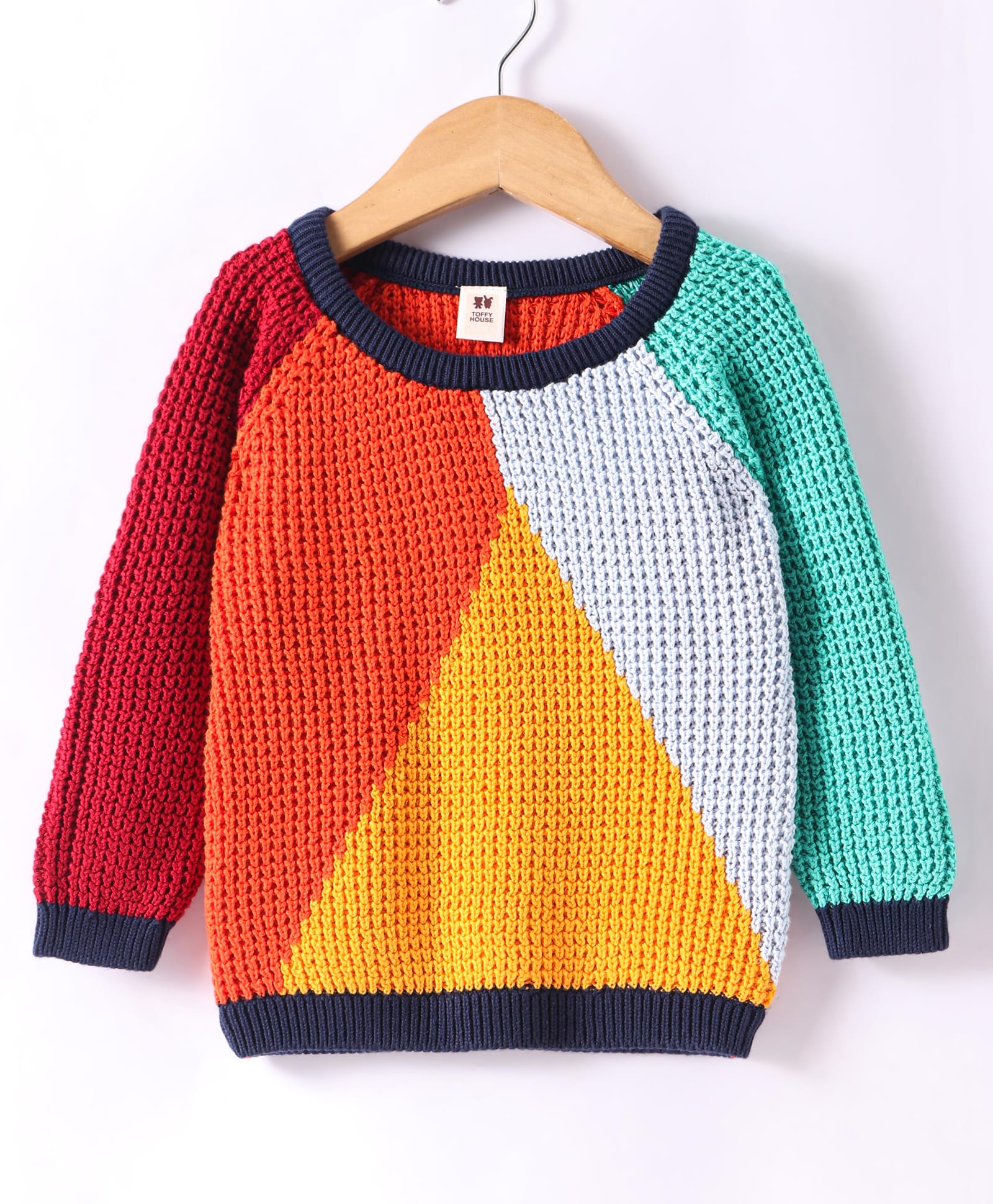 ToffyHouse Knitted Full Raglan Sleeves Sweater - Red Yellow & White-image-25