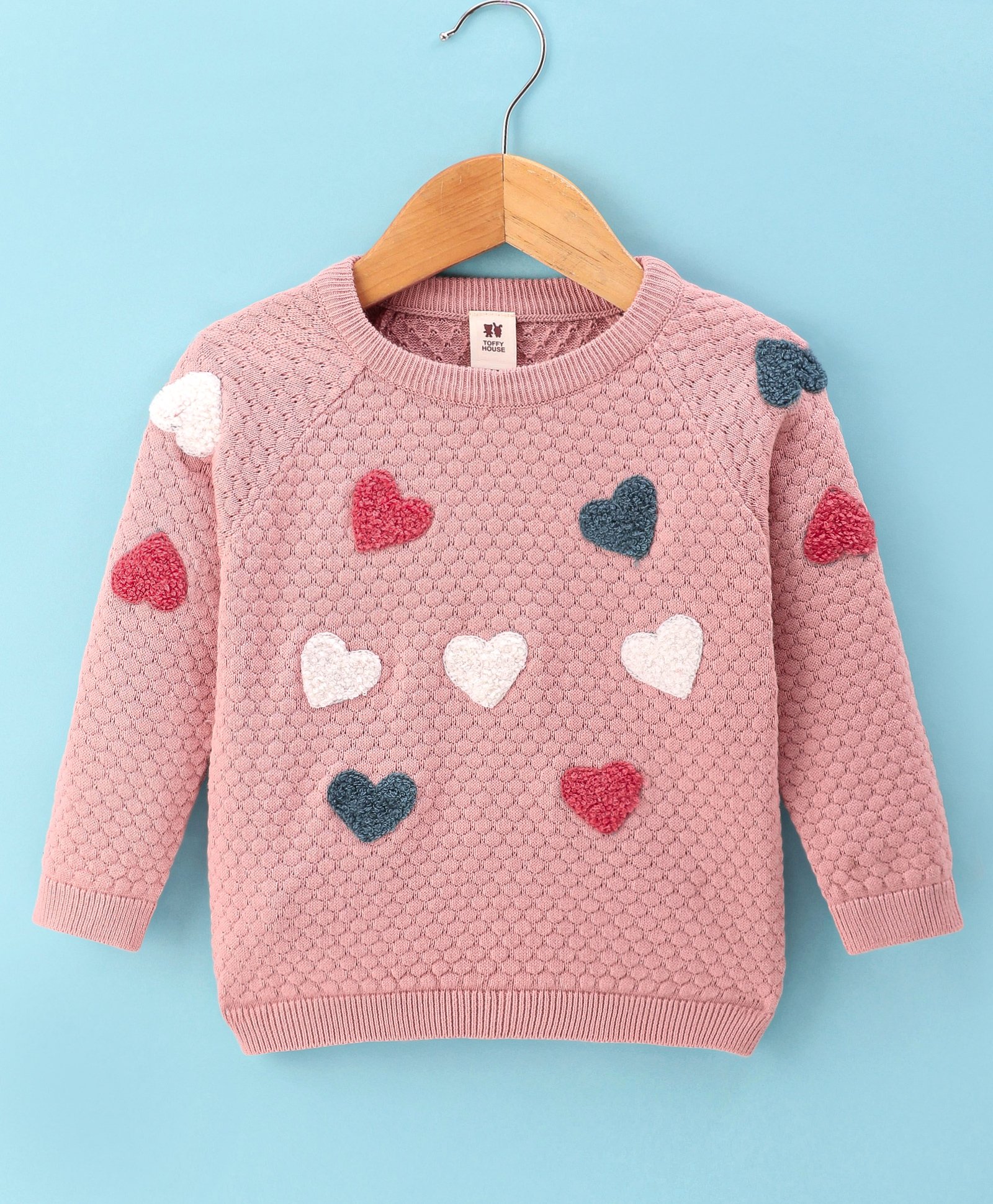 ToffyHouse Knitted Full Raglan Sleeves Heart Embroidered Pullover Sweater - Rose Gold-image-23