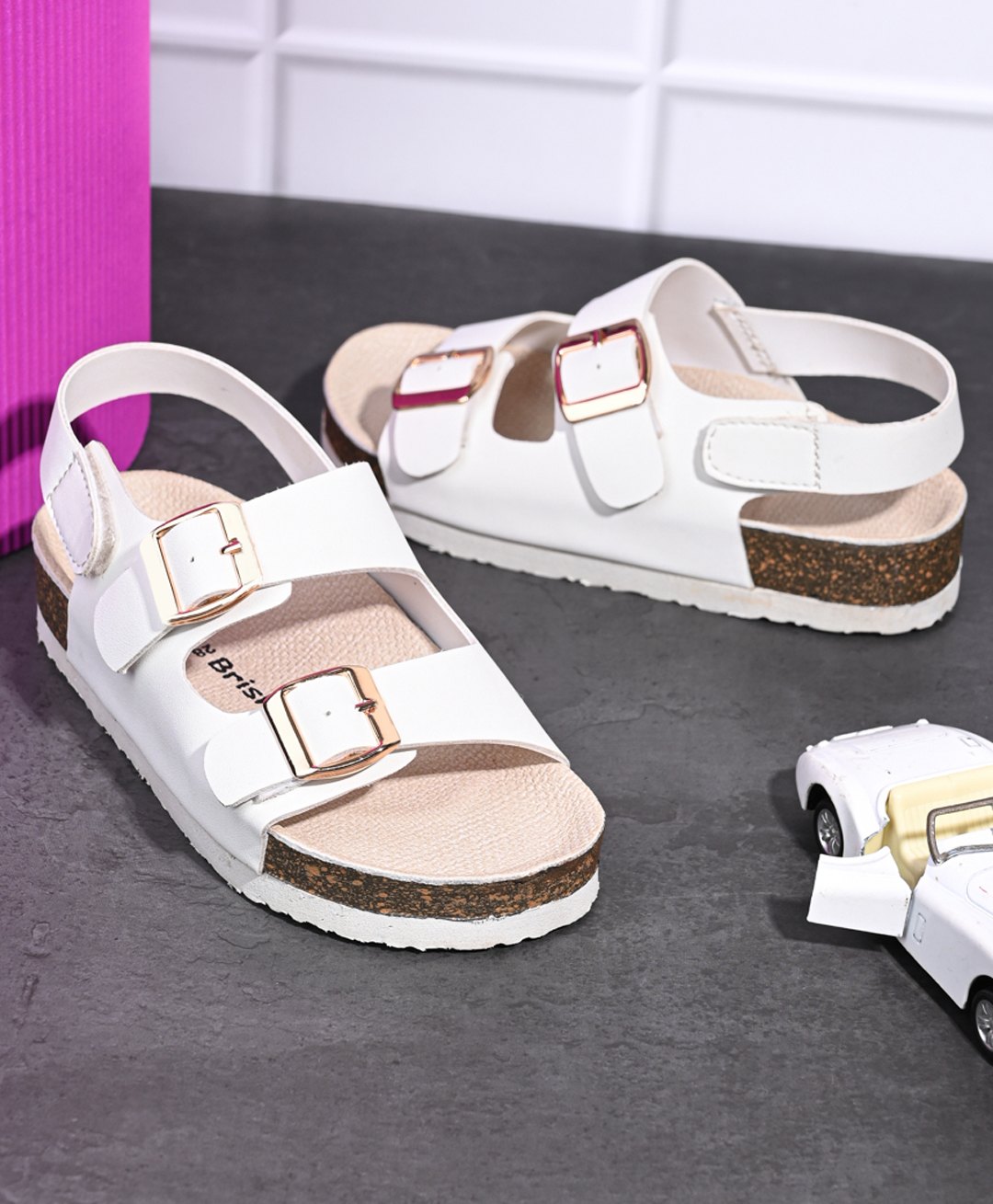 Briskers Synthetic Self Design Buckle Sandals - White-picture-14