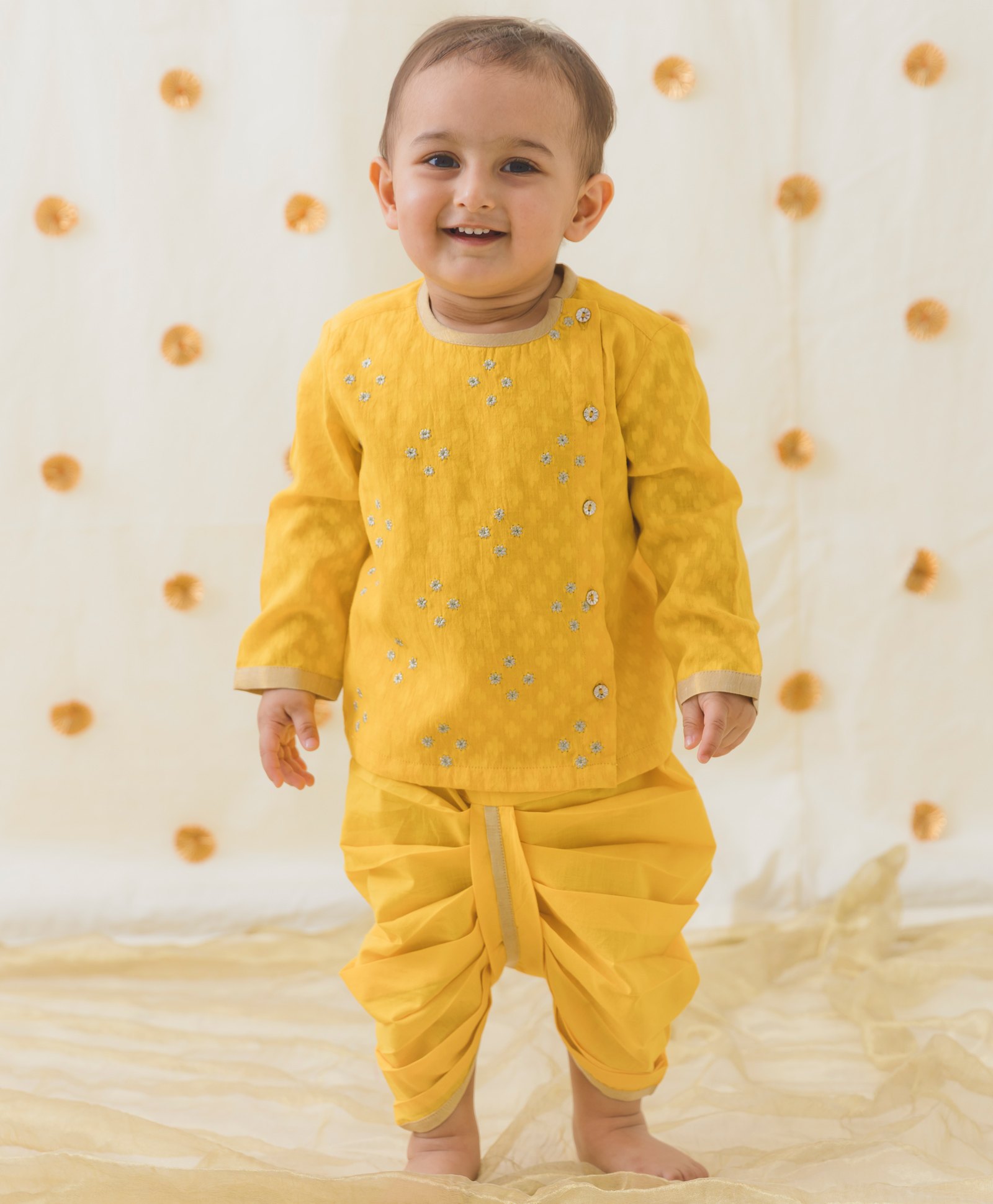 Tiber Taber Full Sleeves Floral Foil Embroidered & Lace Embellished Kurta Dhoti Set - Yellow-image-48