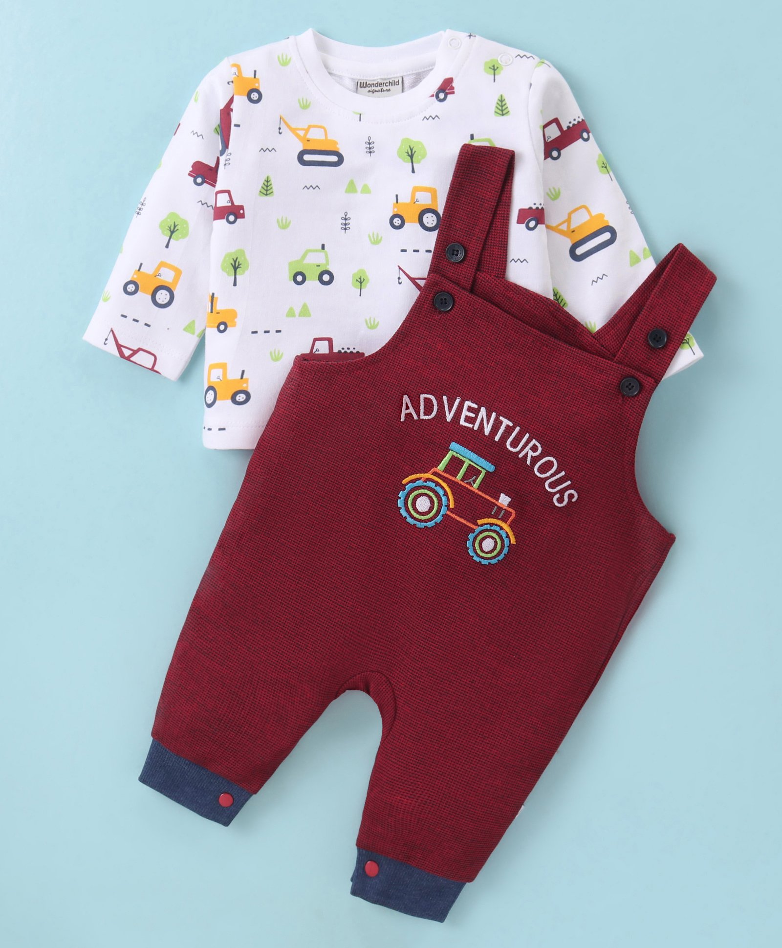 Wonderchild Tractor Embroidered Romper With Full Sleeves Tee - White & Maroon-image-31