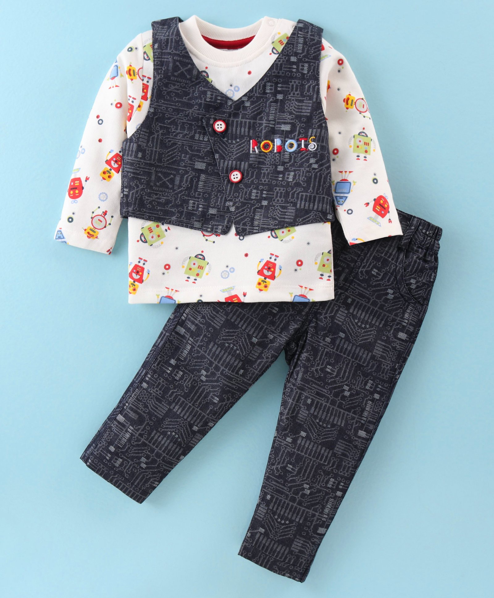 Wonderchild Full Sleeves Robots Printed Tee With Embroidered Jacket & Coordinating Pant Set - Designer Denim-picture-12