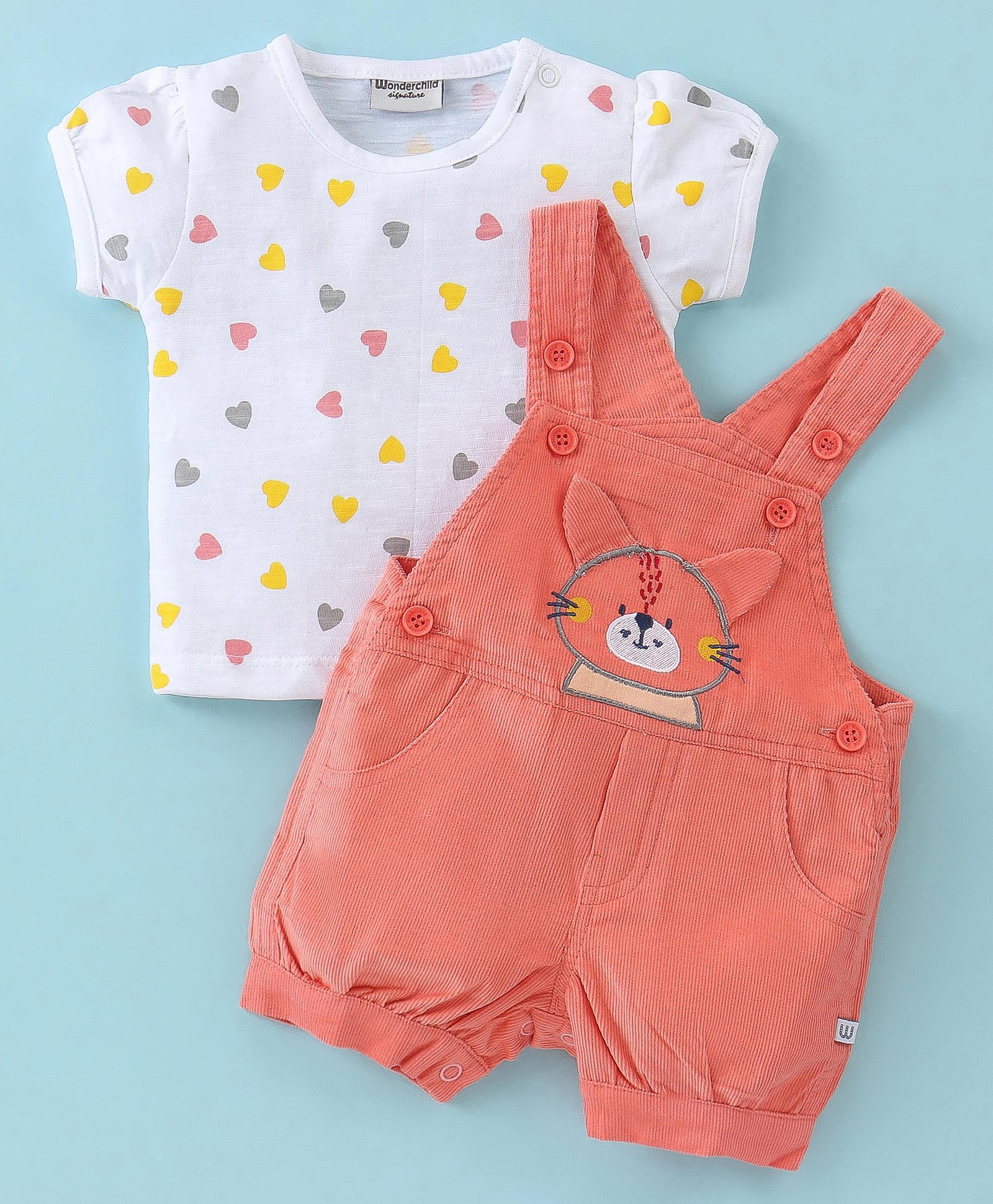Wonderchild Cat Embroidered Dungaree With Half Sleeves Hearts Printed Top - White & Deep Peach-image-38