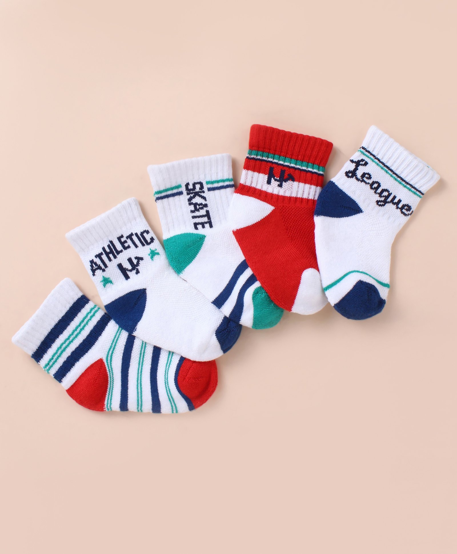Honeyhap Premium Cotton Bamboo Knit with Bio Finish Ankle Length Socks with Text Design Pack of 5 - Cadmium Green Peach Dust Limoges &Bright White-image-47