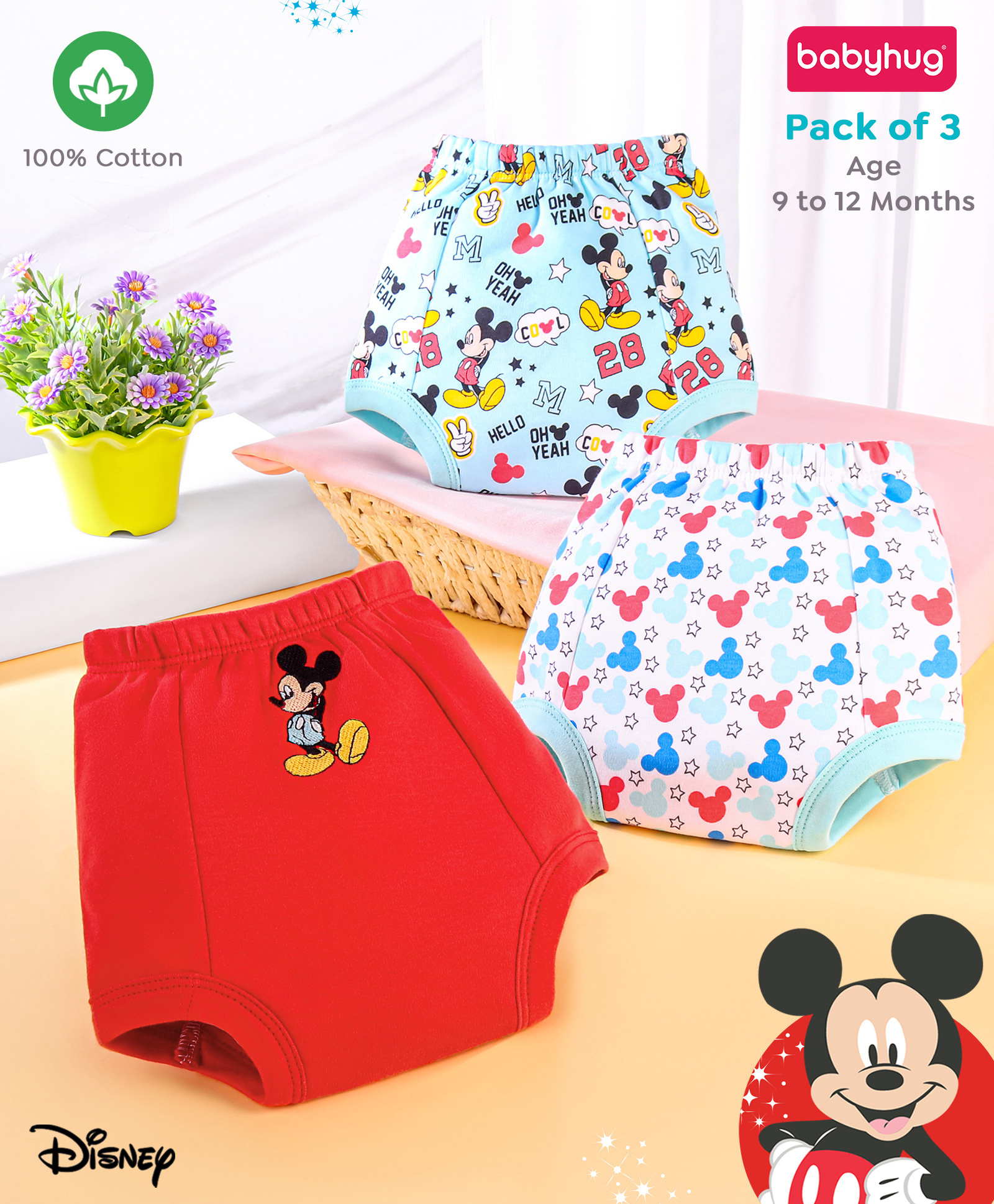 Babyhug Disney Mickey Mouse Print Training Pant Pack of 3 - Red