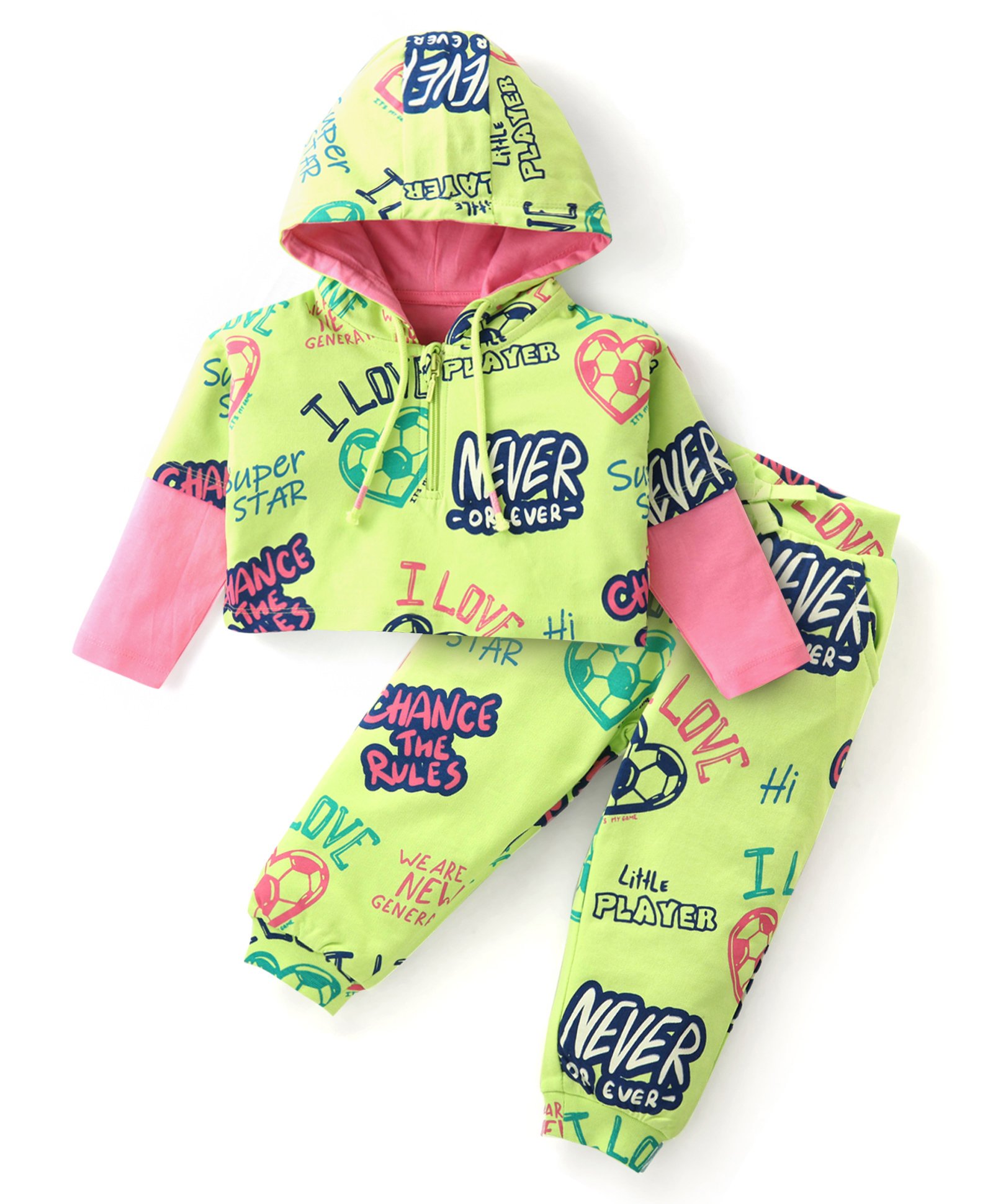 Babyhug Cotton Knit Full Sleeves Hooded T-Shirt & Lounge Pants Co-Ord Set With Football & Text Print - Limegreen & Pink-picture-14