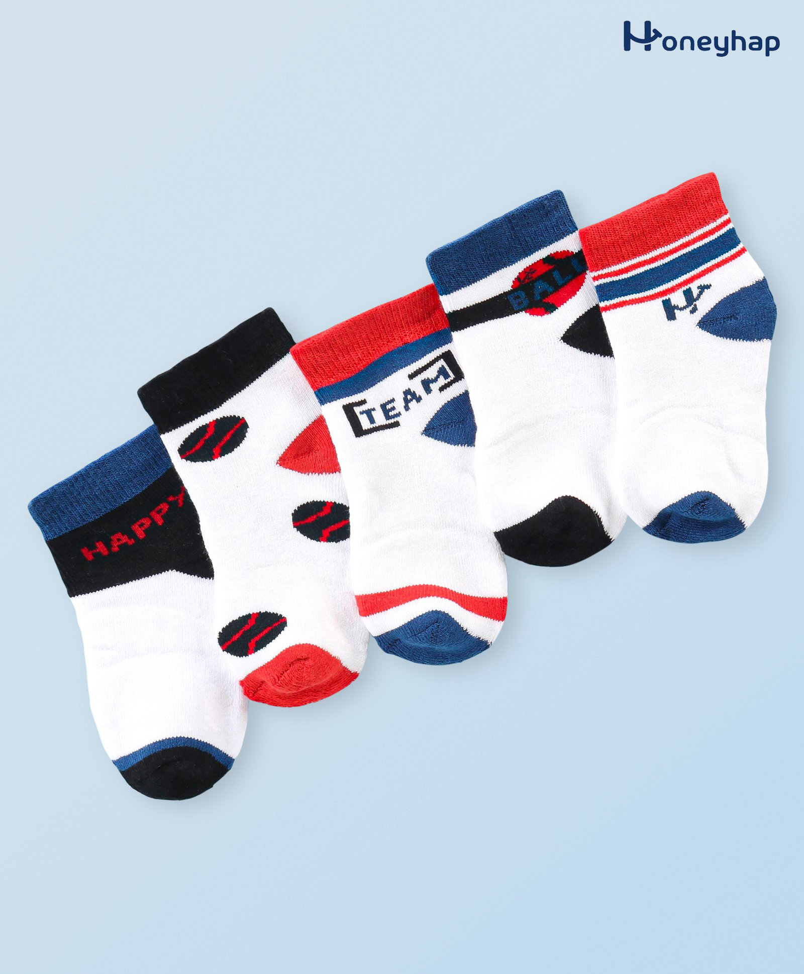 Honeyhap Premium Cotton Bamboo Spandex With Bio Finish Designed Socks Pack of 5 - Red Blue & Black-image-38