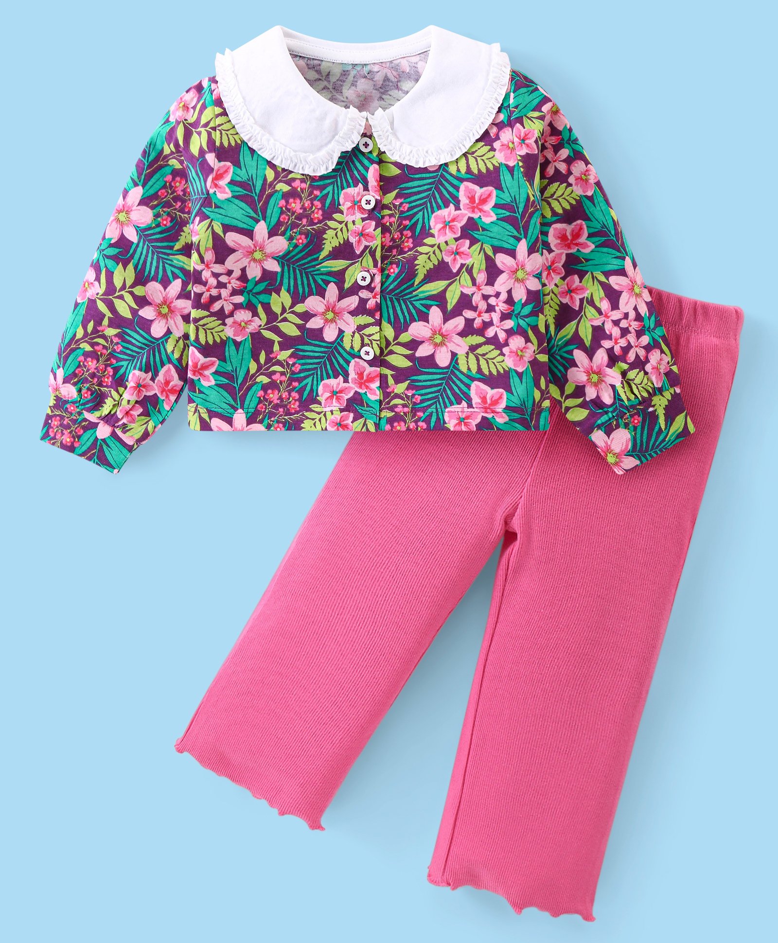 Babyhug Cotton Knit Full Sleeves Peter Pan Collared Floral Printed Front Open Top & Lounge Pants Set - Dark Pink-image-4