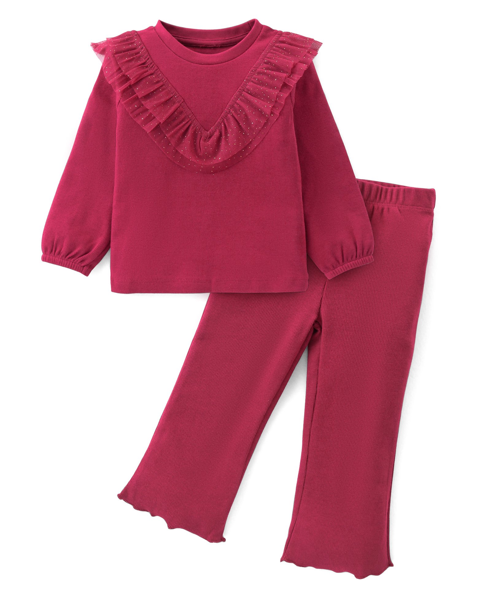 Babyhug Cotton Knit Full Sleeves Solid Color Top & Leggings Set With Mesh Detailing - Maroon-picture-14