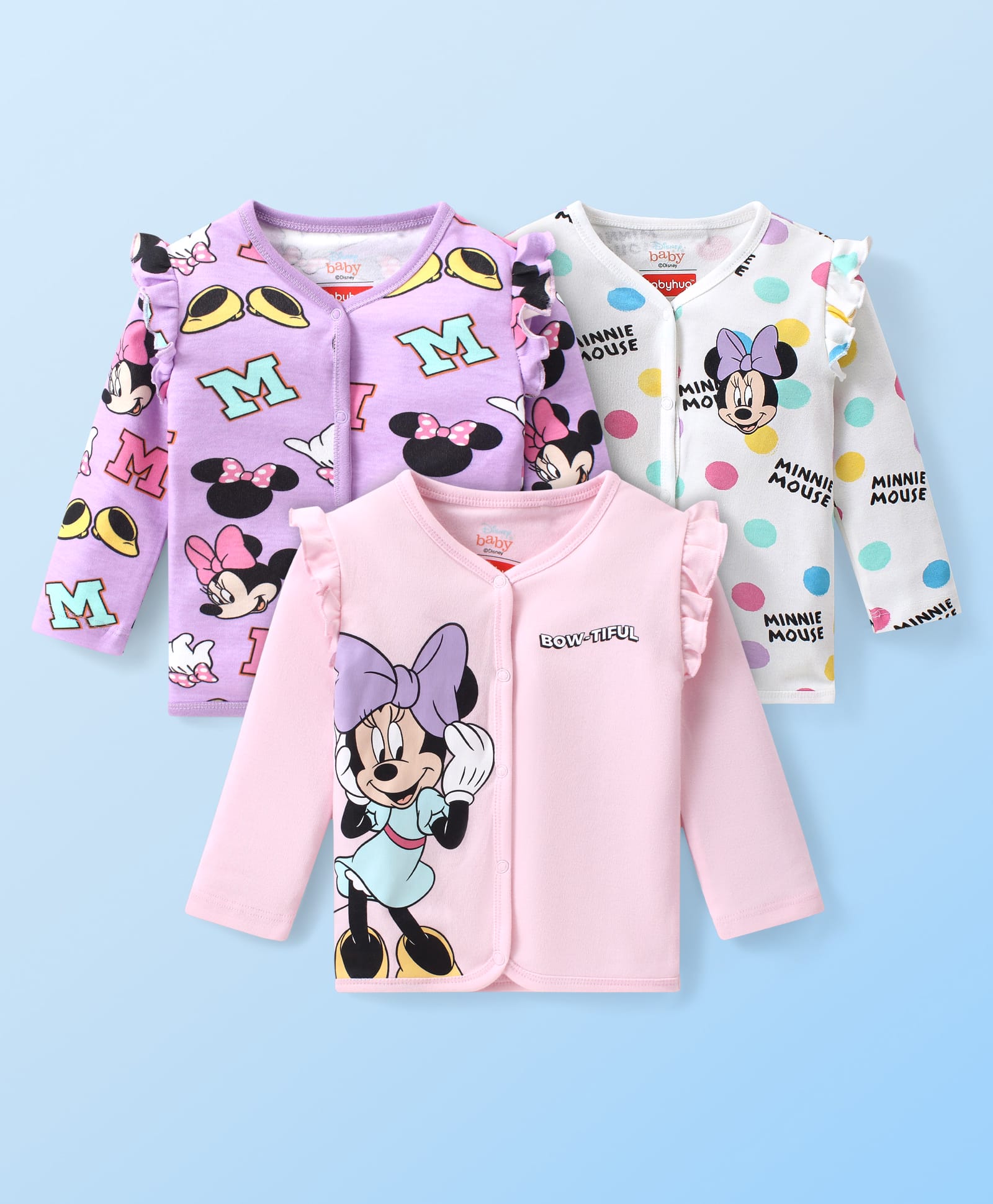 Babyhug Disney Interlock Knit Full Sleeve Jhablas With Minnie Mouse Graphics & Frill Detailing Pack of 3 - White Pink & Purple-image-49