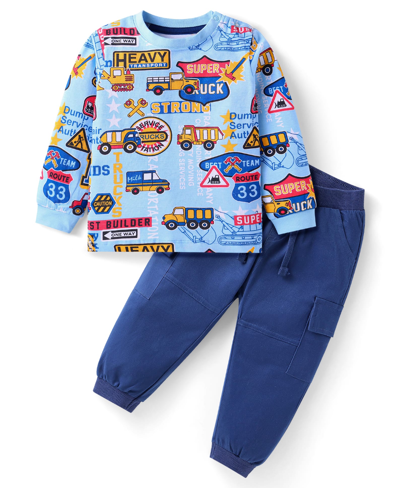 Babyhug Single Jersey Knit Full Sleeves Bus Printed T-Shirt & Joggers Set - Navy Blue-picture-21