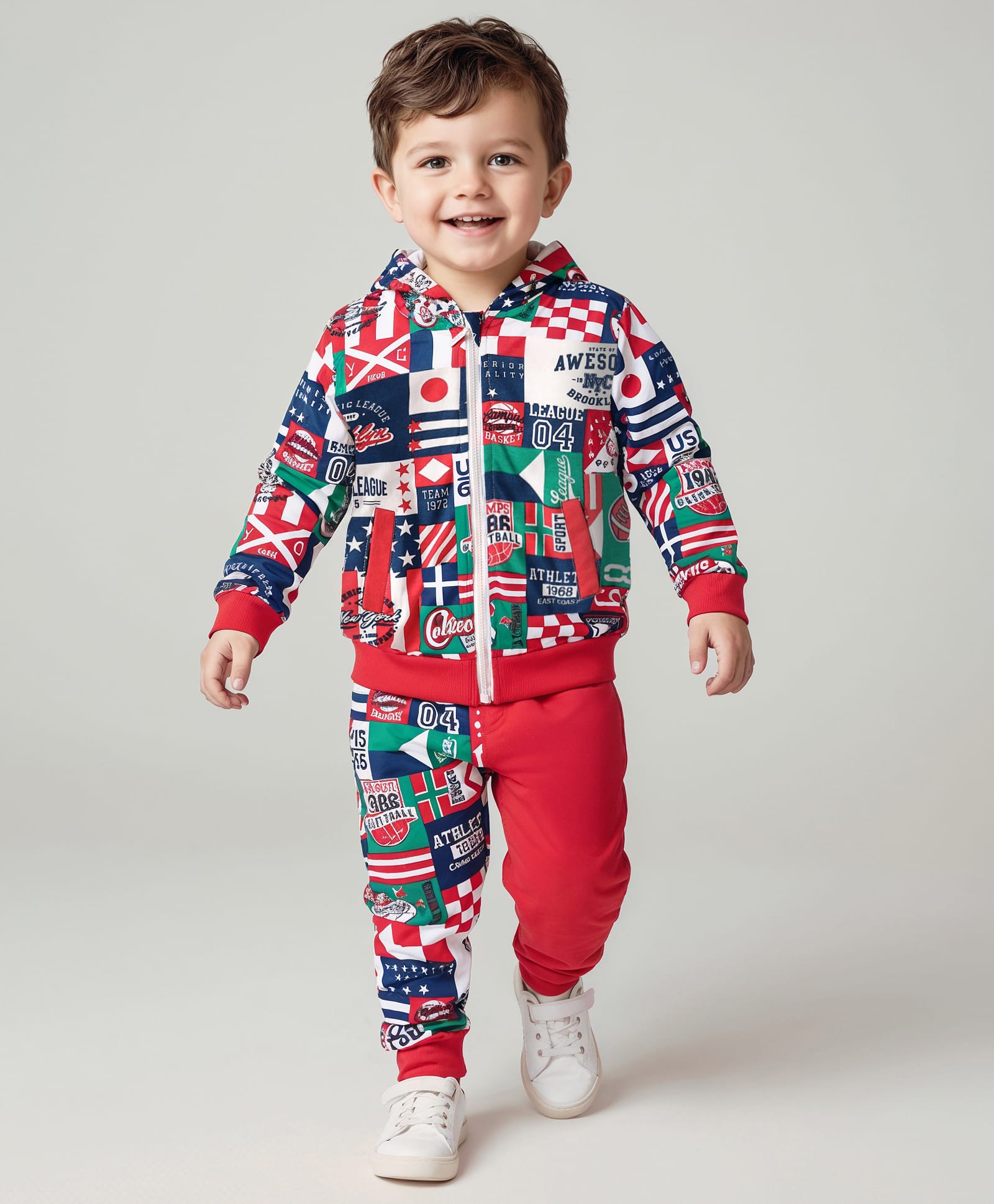 Babyhug Terry Knit Full Sleeves Text Printed Hooded Sweatjacket & Joggers Set - Red & Blue-picture-23
