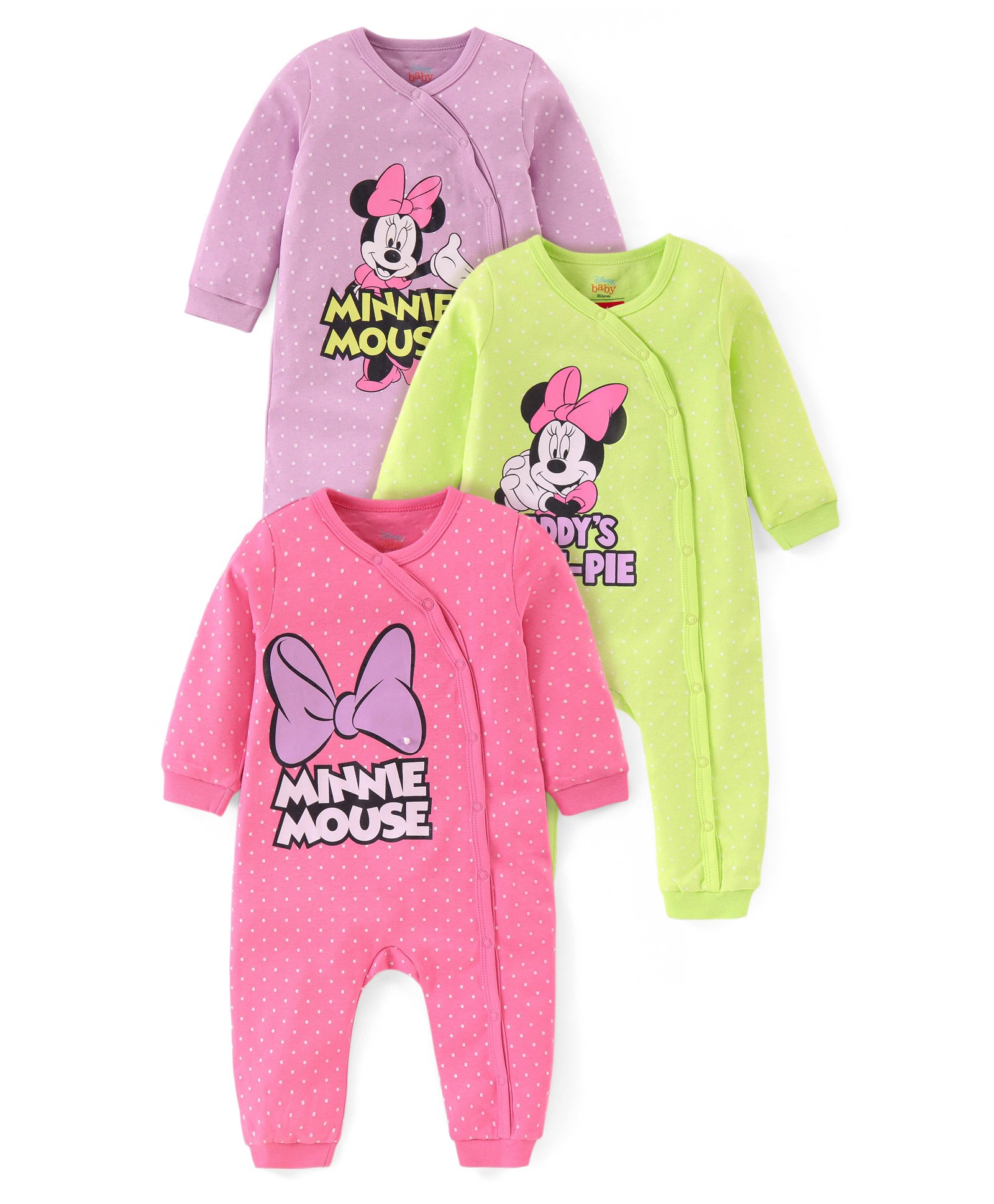 Babyhug Disney Interlock Knit Full Sleeves Romper with Minnie Mouse Graphics Pack of 3 - Pink Purple & Green-image-49
