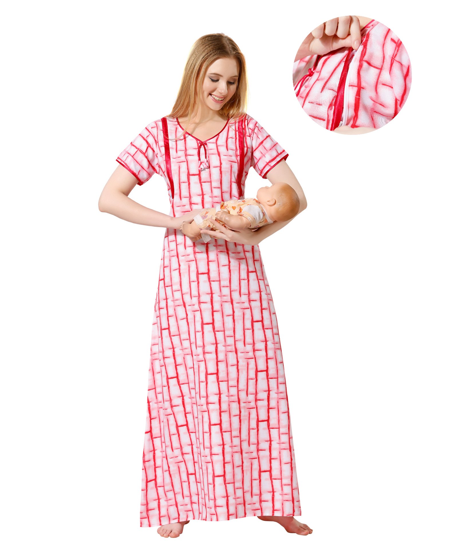 Piu Cotton Woven Half Sleeves Abstract Printed Nighty With Side Zipper Nursing Access - Pink-picture-42