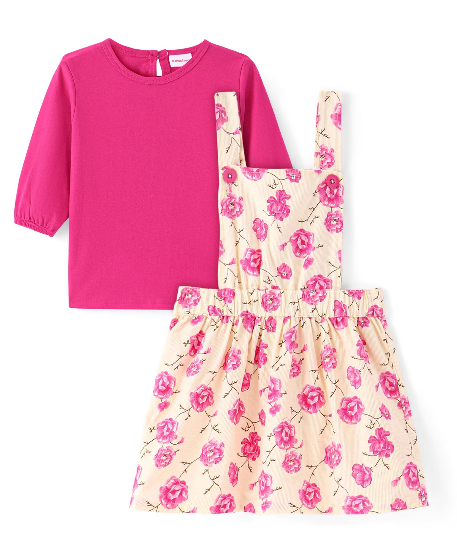 Babyhug Cotton Knit Floral Printed Frock with Full Sleeves Solid T-Shirt - Dark Pink-image-23
