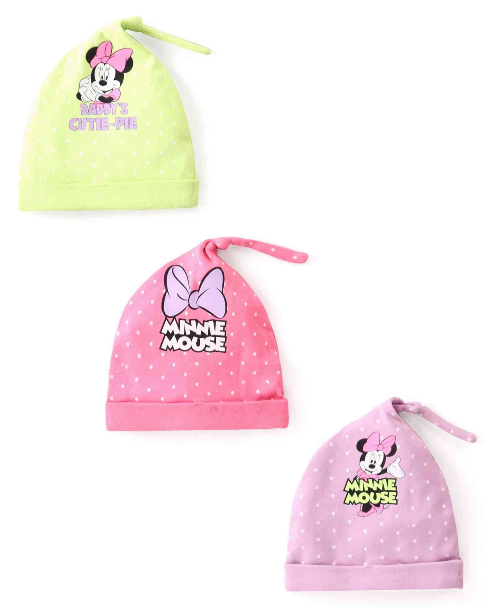Babyhug Disney Interlock Knit Cap with Minnie Mouse Graphics Pack of 3 -  Pink Purple & Green-image-11