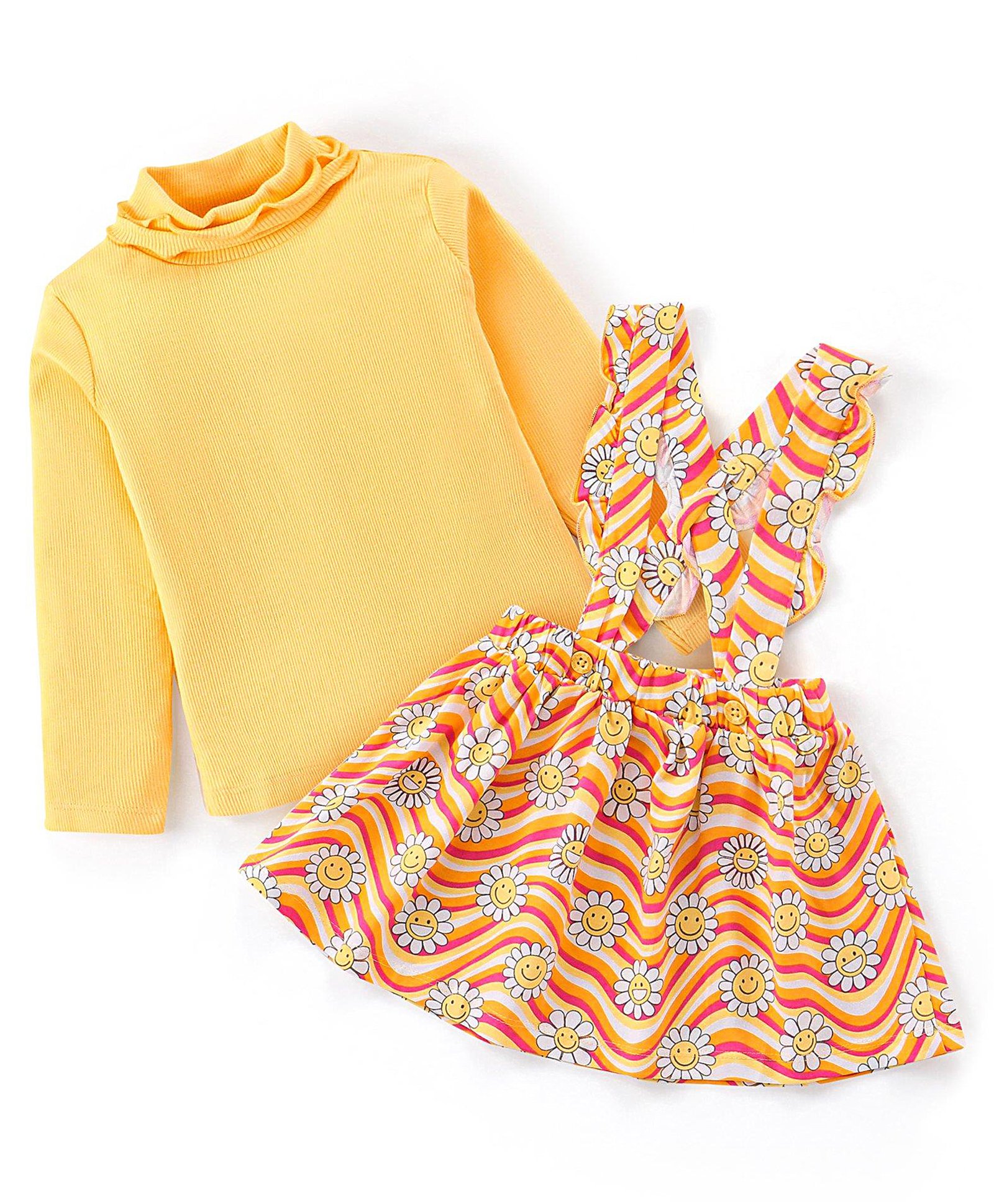 Babyhug Cotton Knit Full Sleeves Top & Floral Printed Skirt With Suspender - Yellow-picture-16