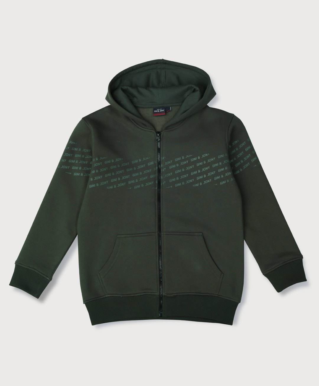 GINI & JONY Cotton Knit Full Sleeves Solid Colour Hooded Sweatjacket With Text Print - Green-picture-16
