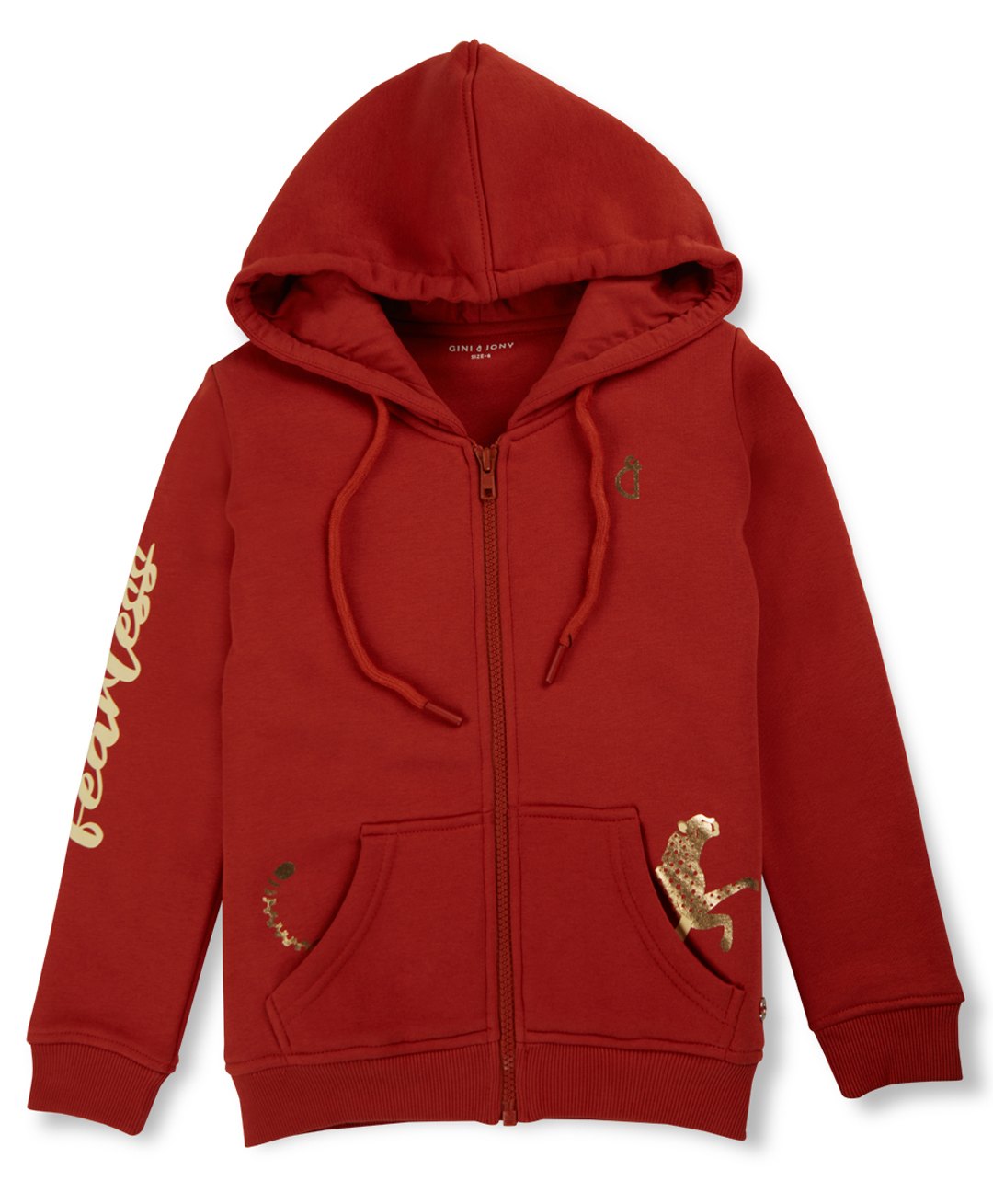 GINI & JONY Cotton Knit Full Sleeves Front Open Hooded Sweatjacket with Jaguar & Text Foil Print - Orange-picture-33