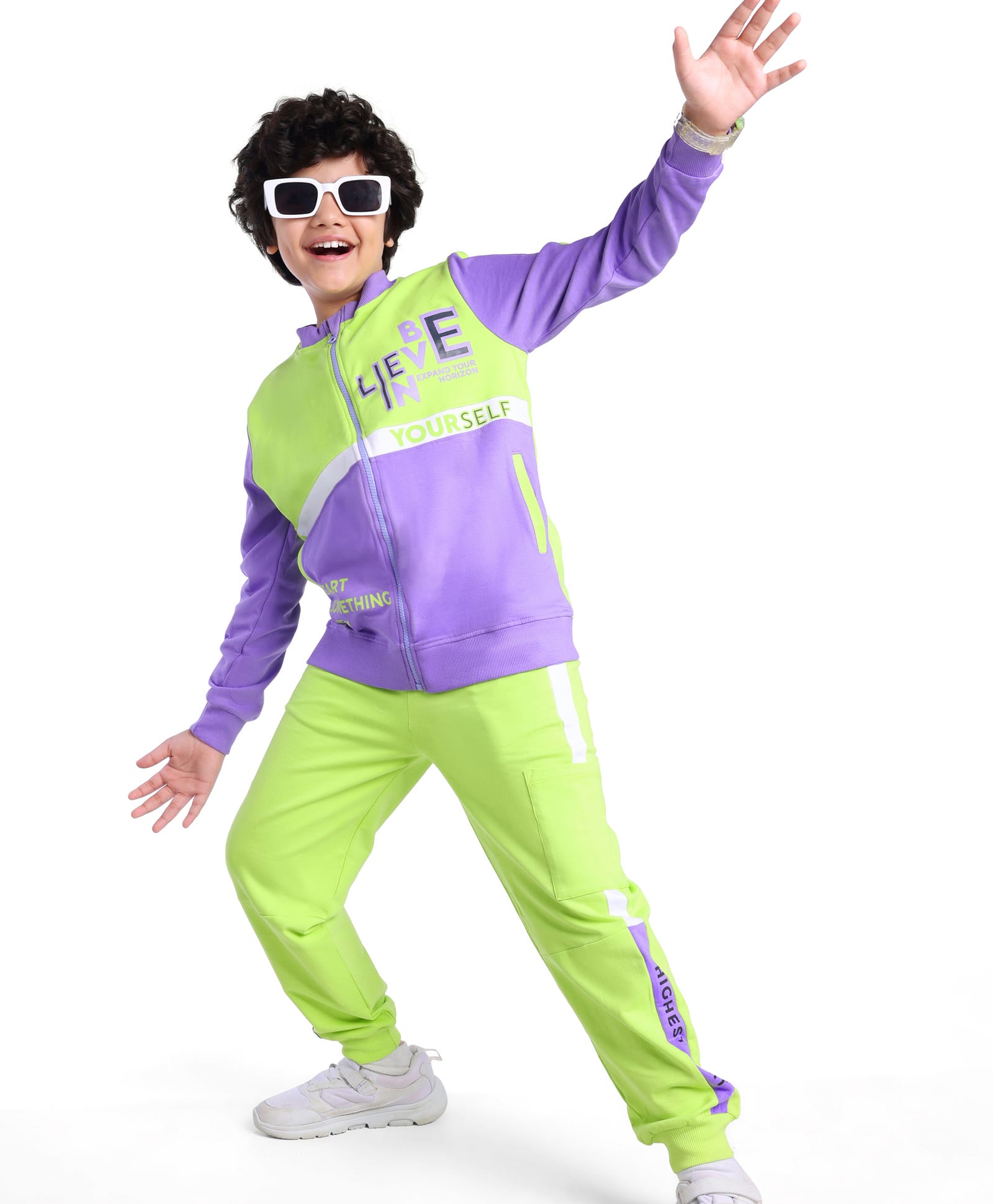 Ollington St. 100% Cotton Knit Full Sleeves Sweatjacket With Front Zipper & Joggers Set Text Print - Neon Green & Blue-picture-22