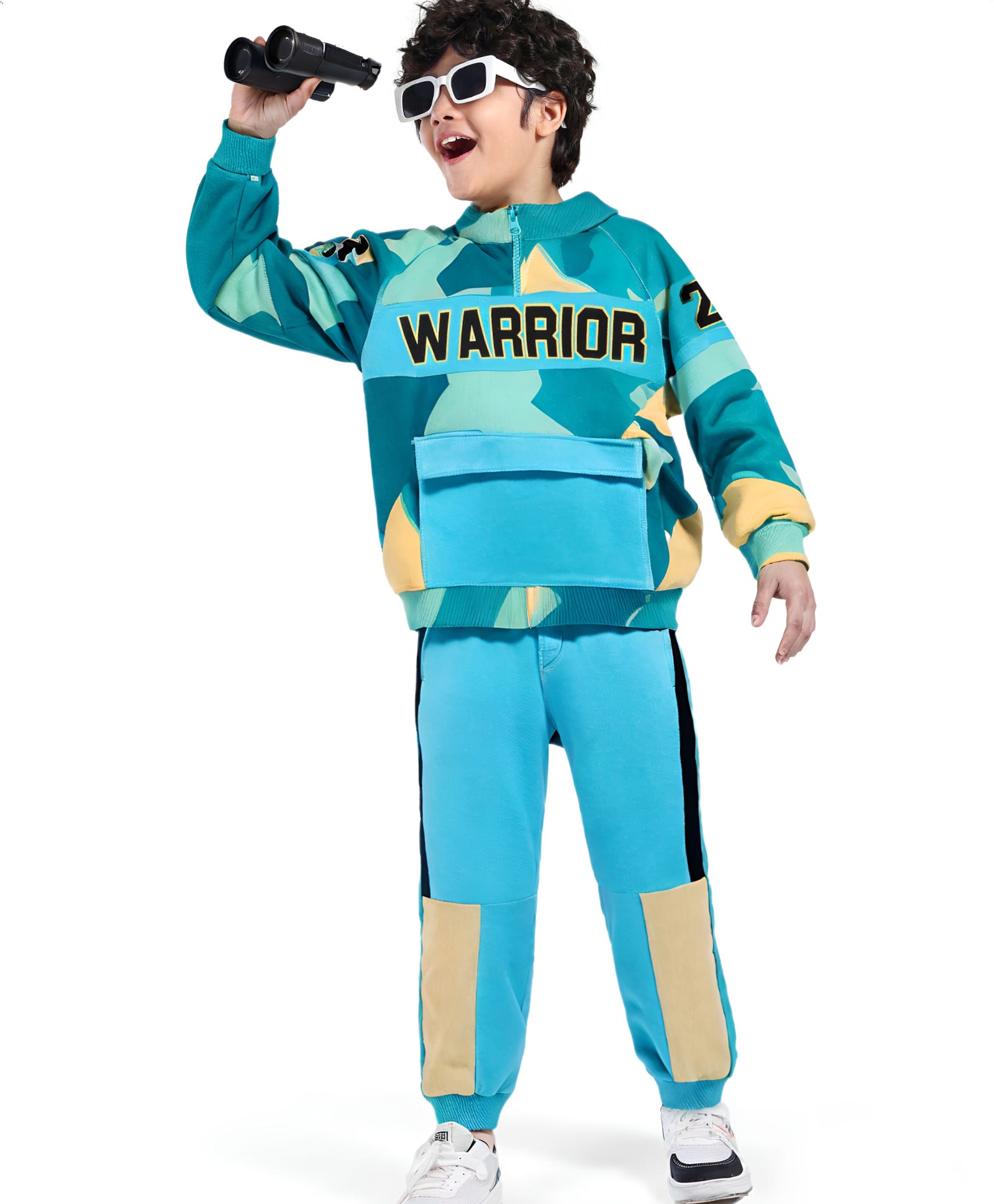 Ollington St. 100% Cotton Knit Full Raglan Sleeves Cut & Sew Text PrintedSweatshirt & Joggers Set with Pocket Detailing- Aqua Blue-image-16