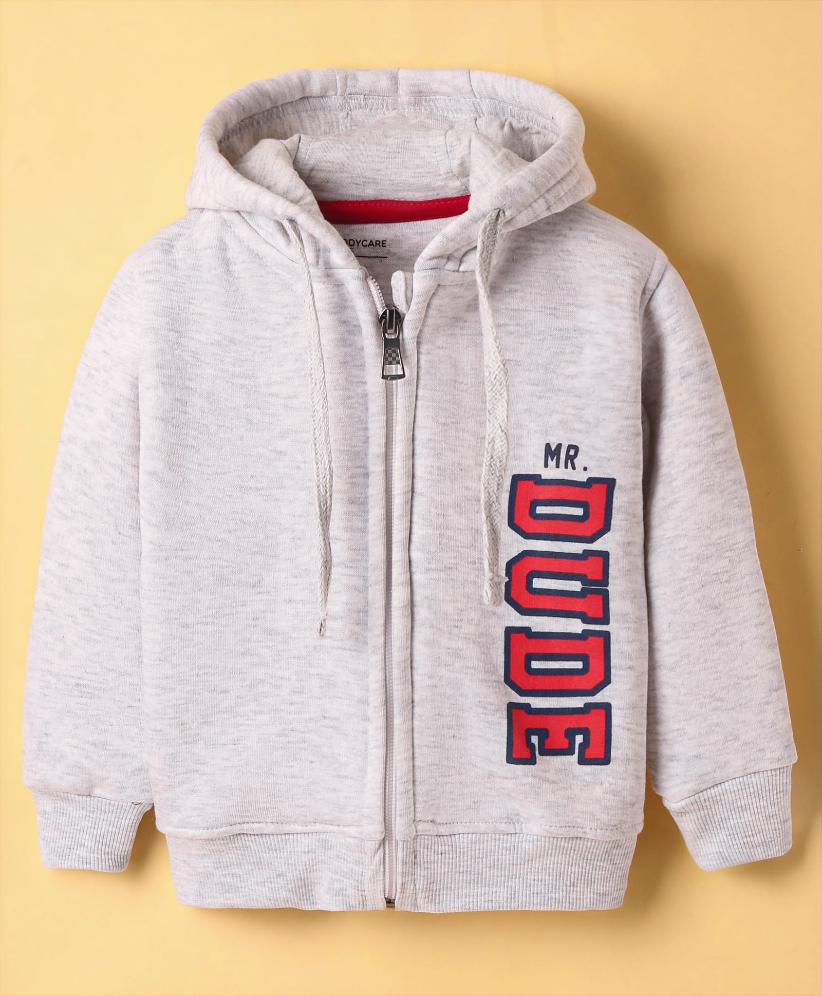 Bodycare Fleece Knit Full Sleeves Hooded Sweatjacket with Text Print - Grey-image-11