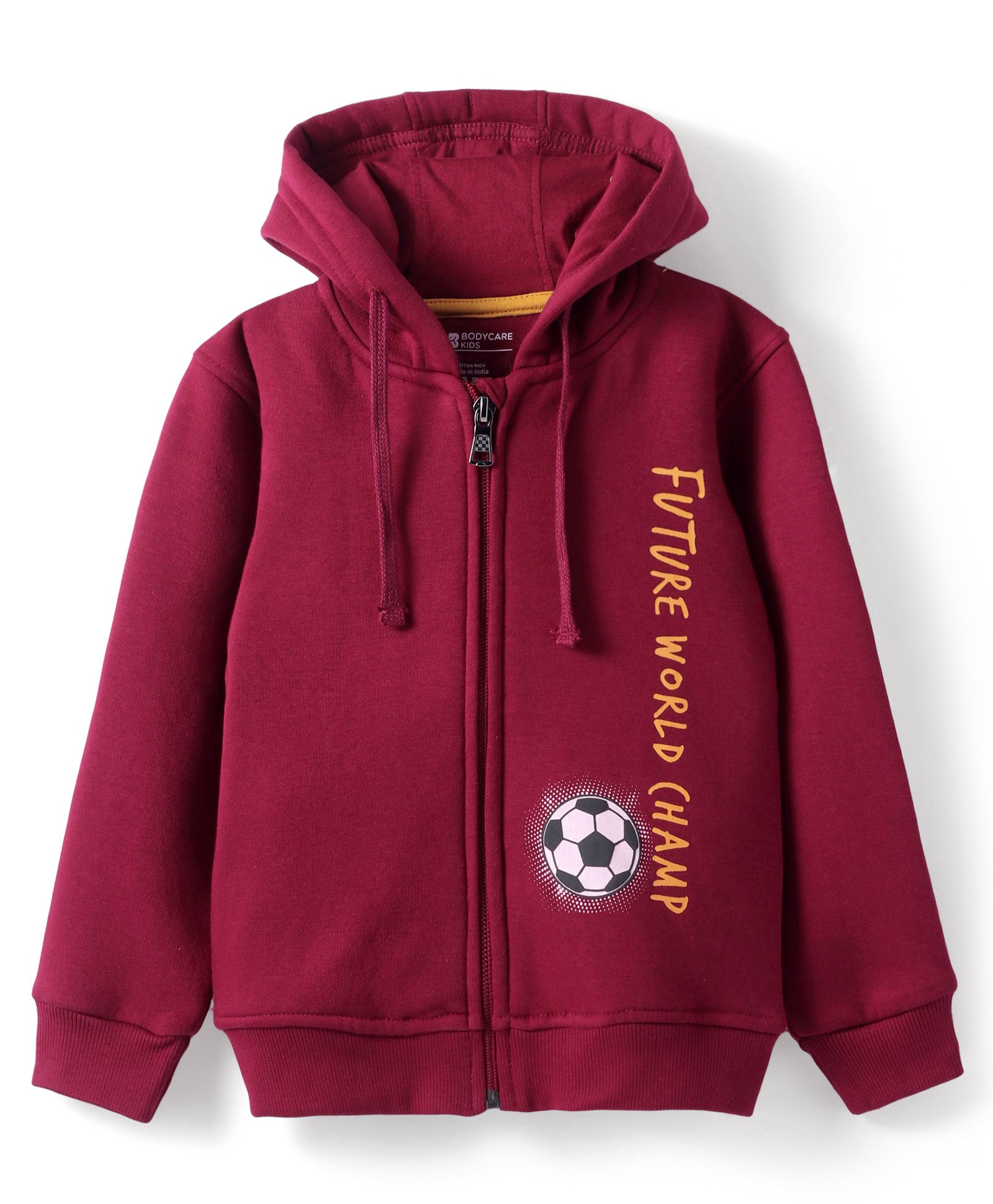 Bodycare Fleece Knit Full Sleeves Hooded Sweatjacket with Text Print - Maroon-image-15