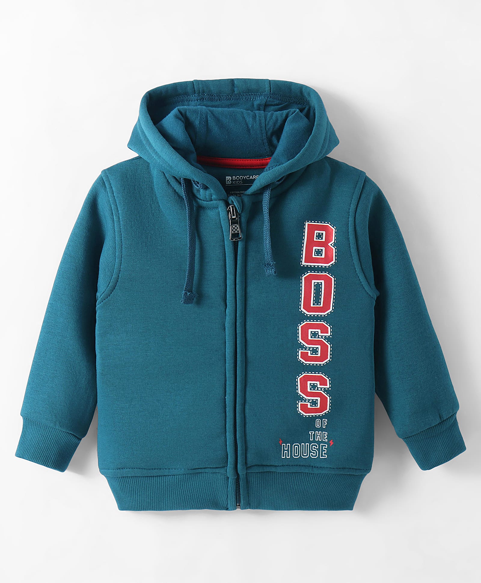 Bodycare Fleece Knit Full Sleeves Hooded Sweat Jacket With Text Print - Teal Blue-image-20
