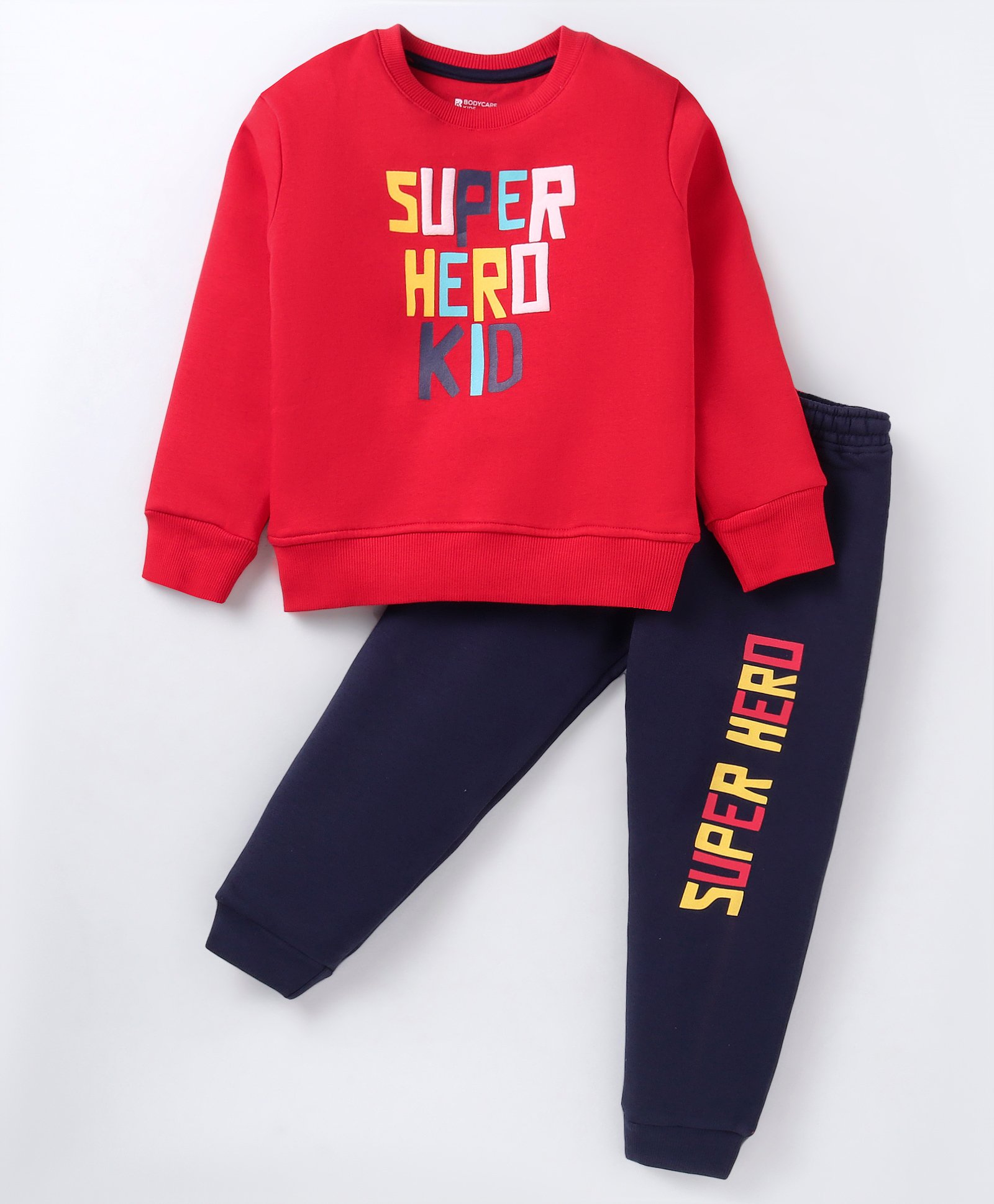 Bodycare Fleece Knit Full Sleeves T-Shirt & Lounge Pants Set With Text Print - Red & Navy-image-16