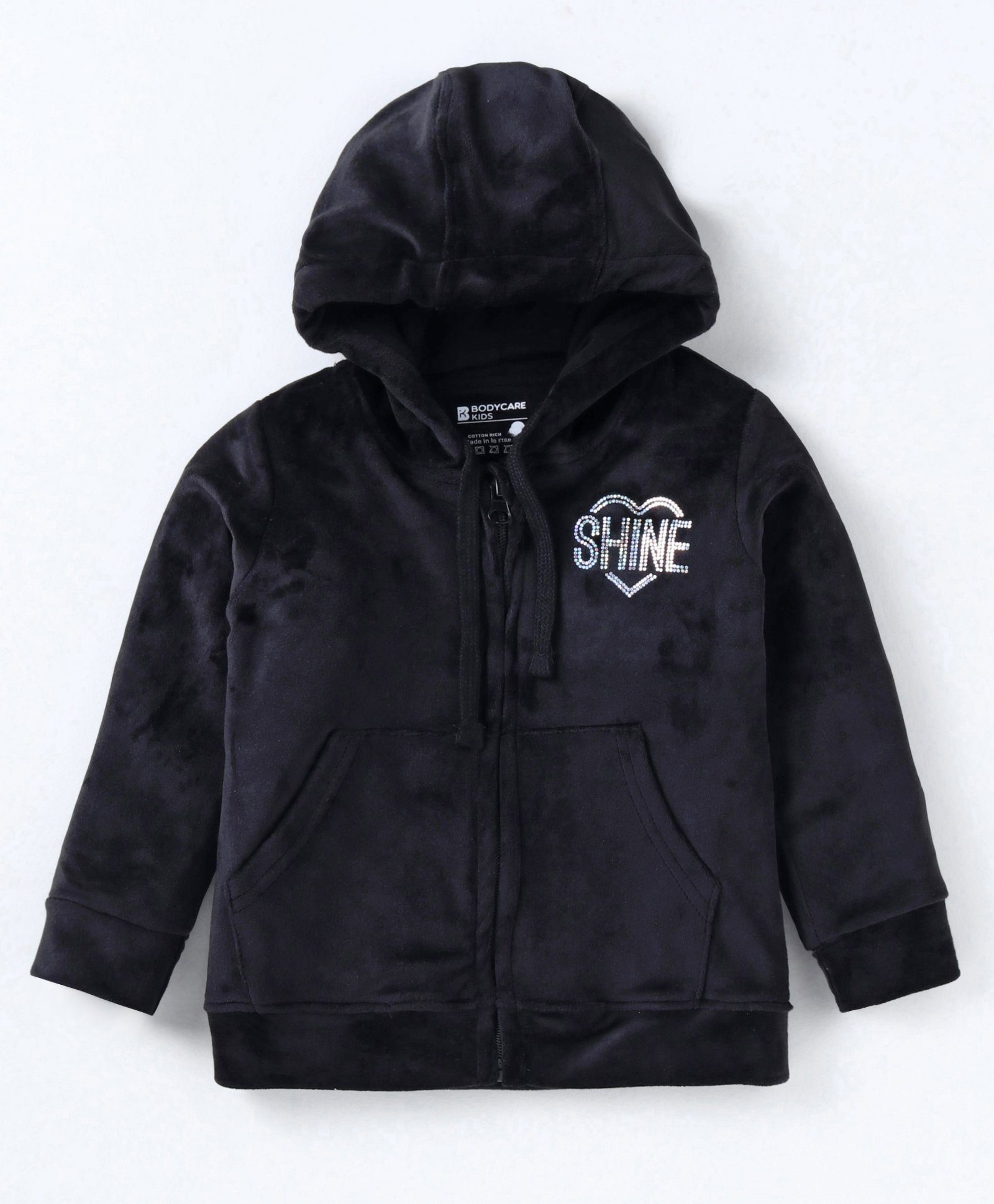 Bodycare Velour Knitted Text Sequinned Full Sleeves Hooded  Jacket with Kangaroo Pockets - Black-picture-15