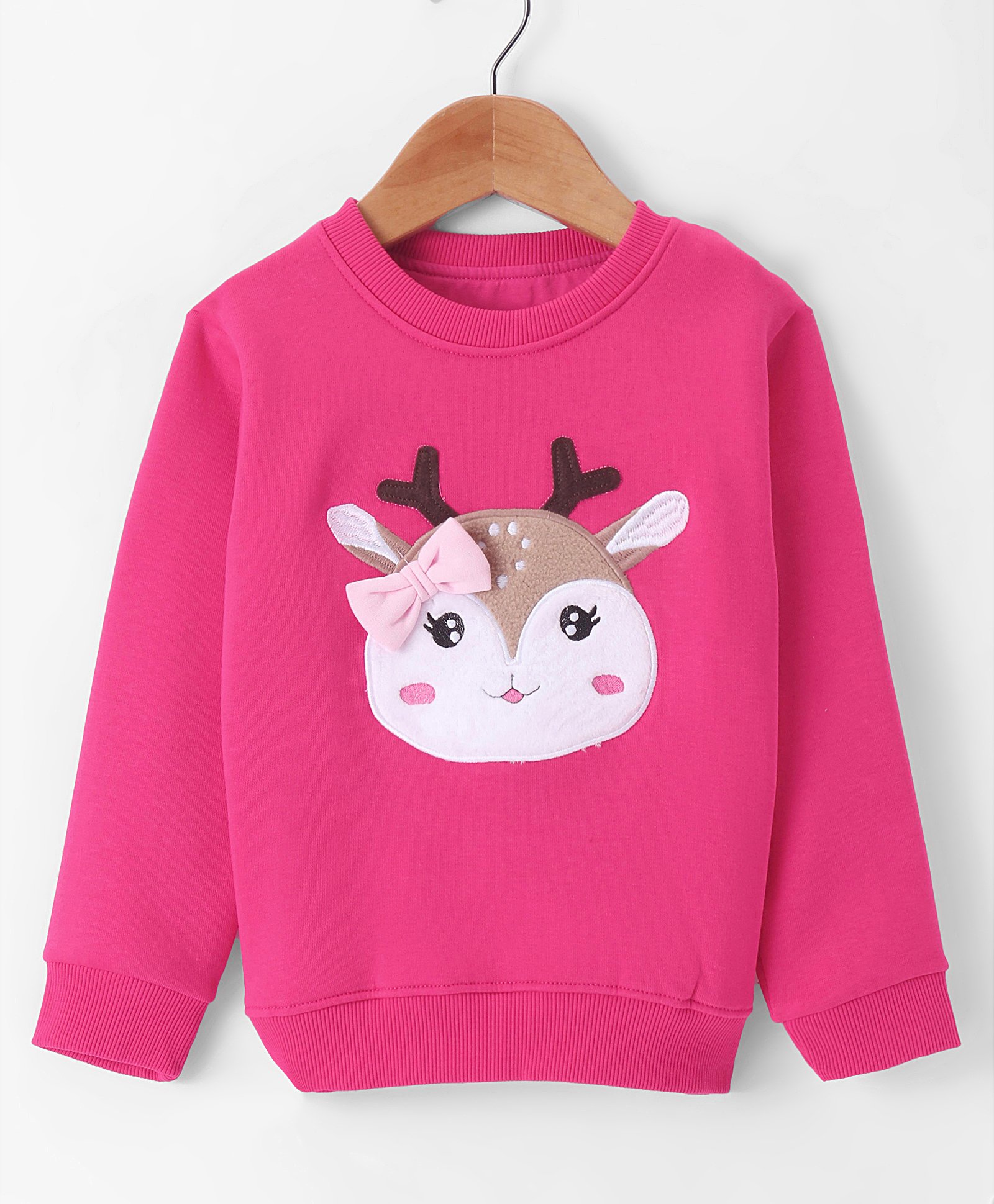 Bodycare Fleece Knitted Full Sleeves Sweatshirt With Reindeer Embroidery & Bow Applique - Dark Pink-image-45