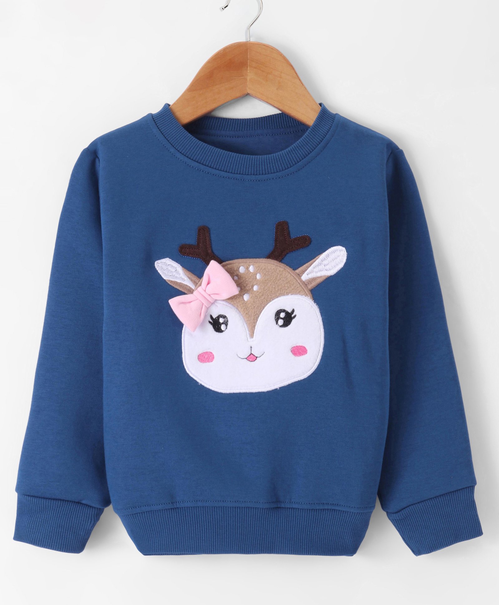 Bodycare Fleece Knitted Full Sleeves Sweatshirt With Reindeer Embroidery & Bow Applique - Navy Blue-image-43