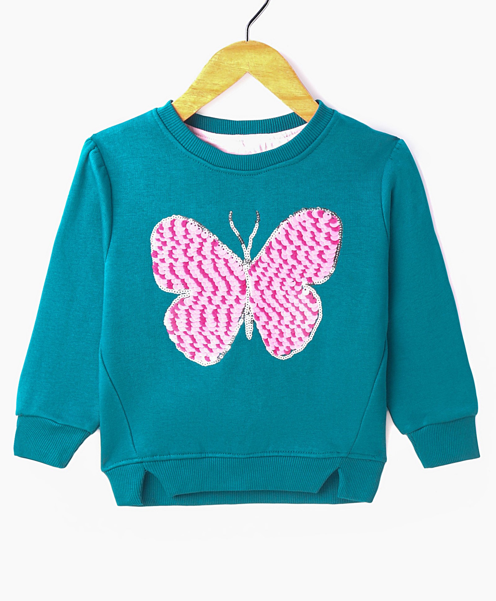 Bodycare Fleece Knit Full Sleeves Sweatshirt With Sequinned Butterfly  Design - Teal Blue-image-49