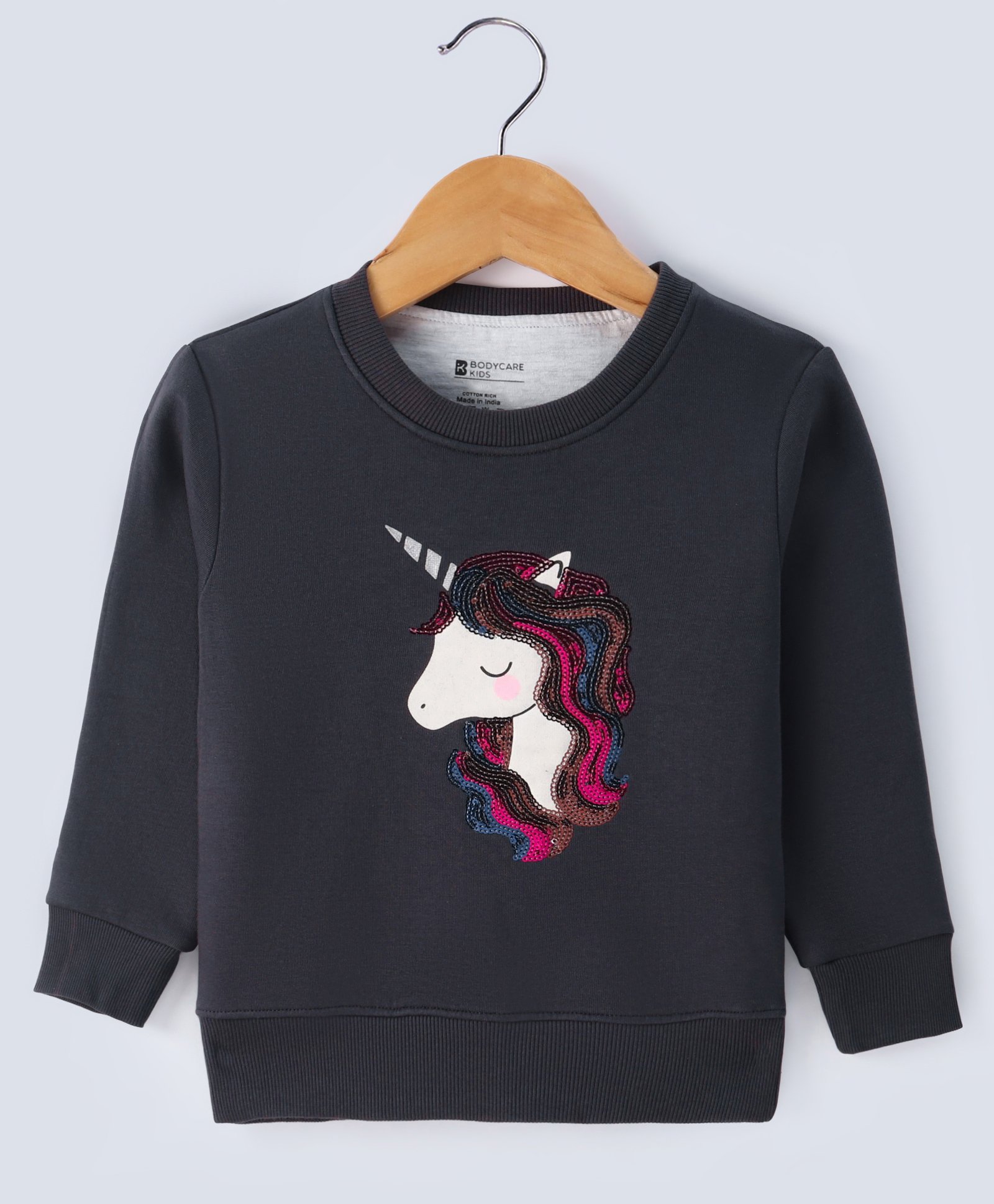 Bodycare Fleece Knit Full Sleeves Sweatshirt with Unicorn Sequin Embroidery - Charcoal Grey-picture-1
