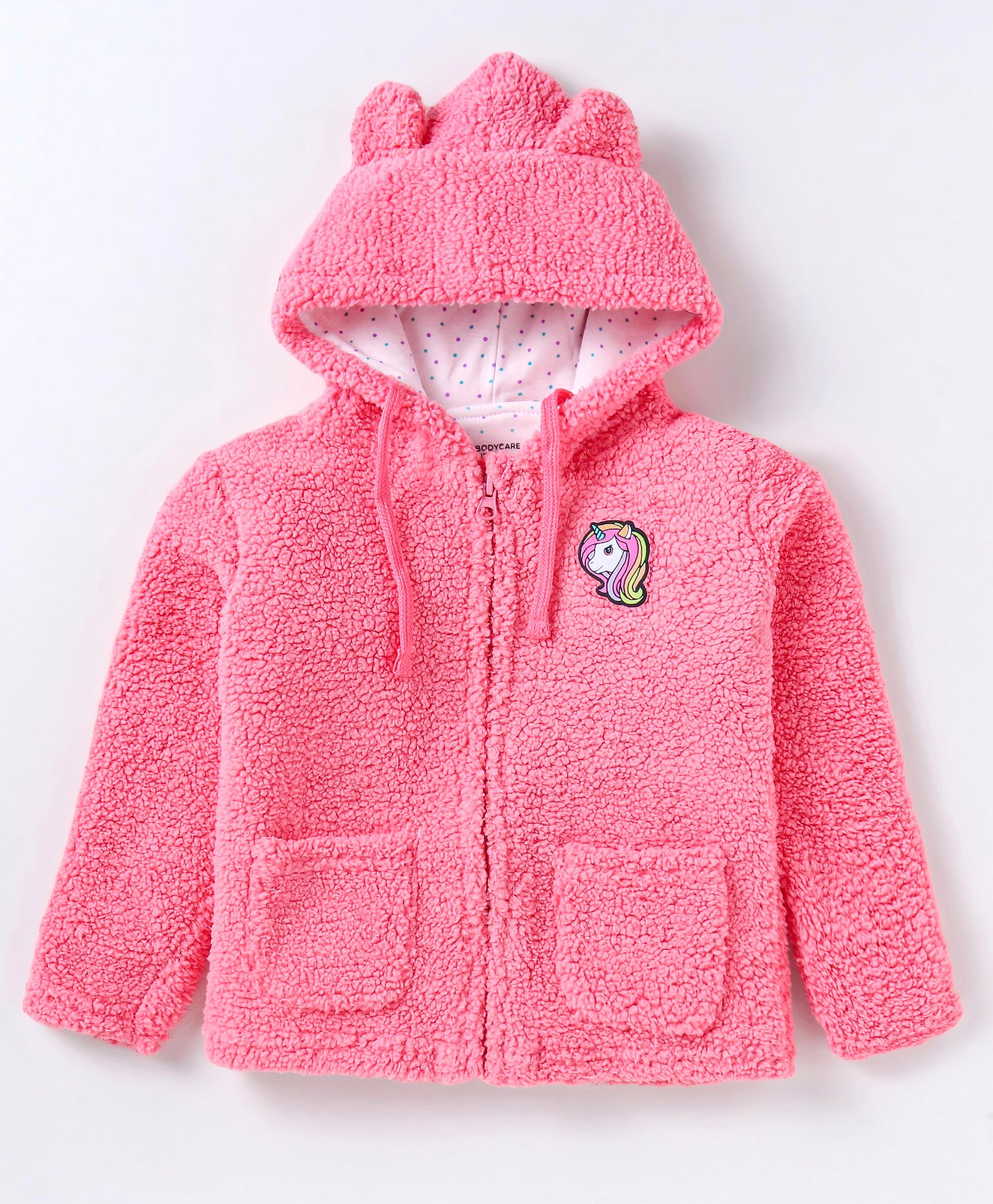 Bodycare Fur Knitted Full Sleeves Winter Hooded Jacket with Unicorn Patch - Pink-picture-18
