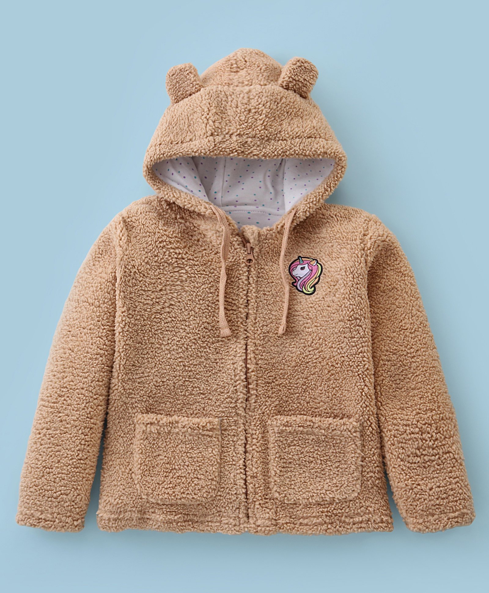 Bodycare Fur Knitted Full Sleeves Winter Hooded Jacket with Unicorn Patch - Tan-picture-27