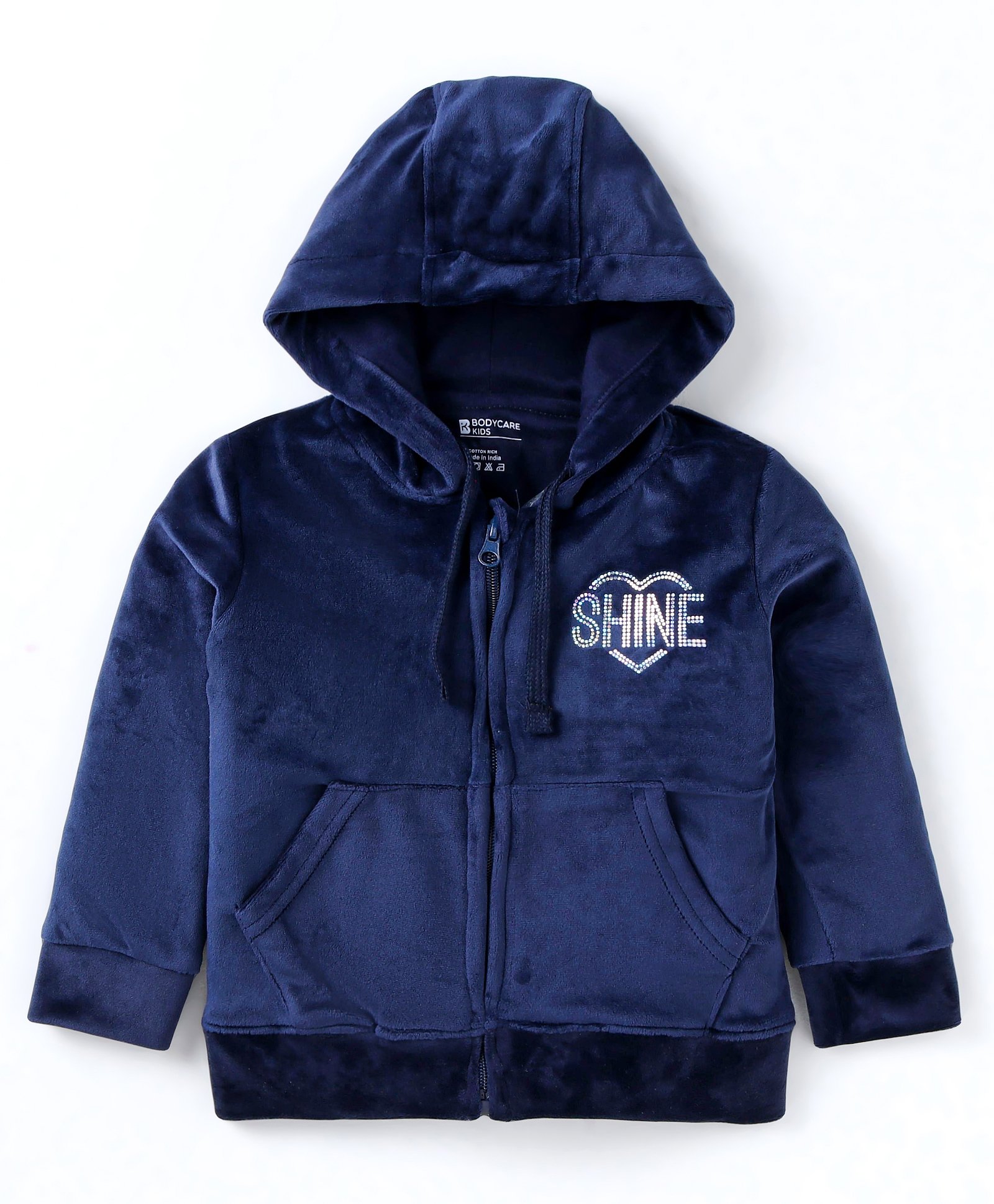 Bodycare Velour Knitted Text Sequinned Full Sleeves Hooded  Jacket with Kangaroo Pockets - Navy Blue-image-0