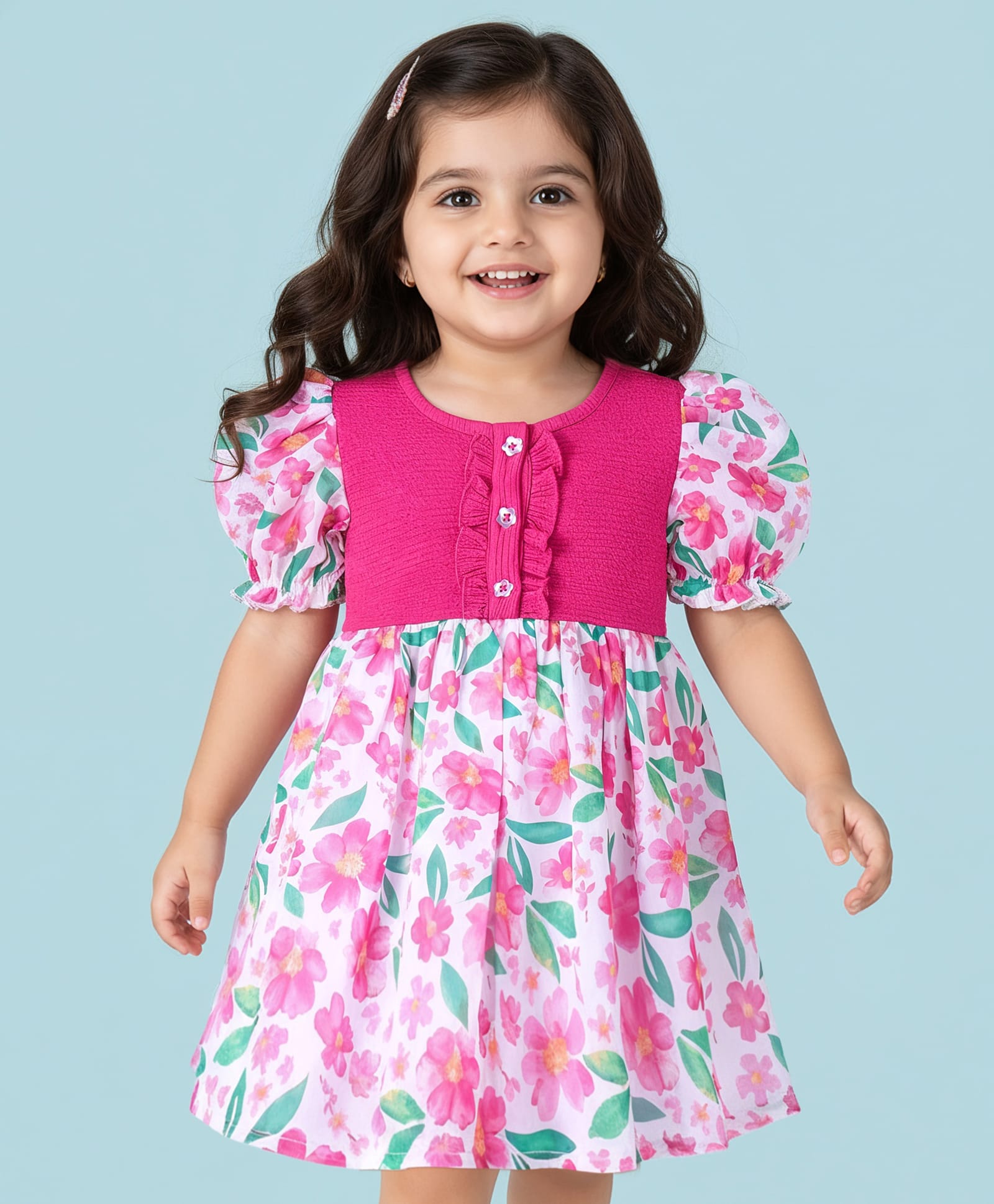 Babyhug Cotton Knit Puffed Sleeves Frock with Frill Detailing Floral Print - Dark Pink & White-image-12