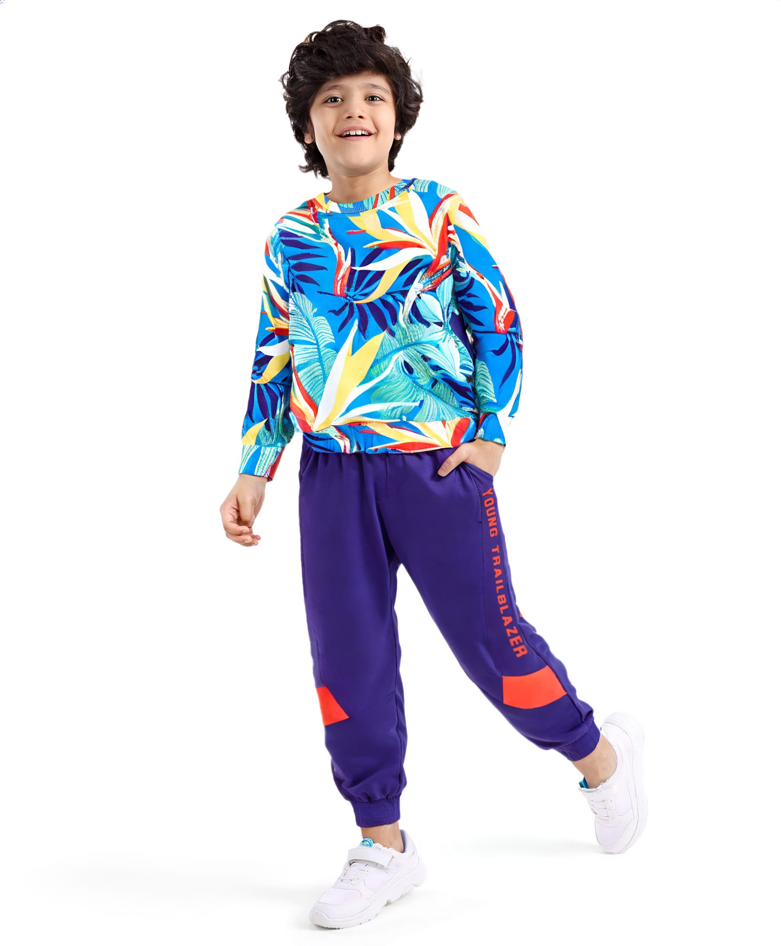 Ollington St. 100% Cotton Knit Full Sleeves Sweatshirt & Joggers Set Floral Print - Blue & Navy Blue-image-49